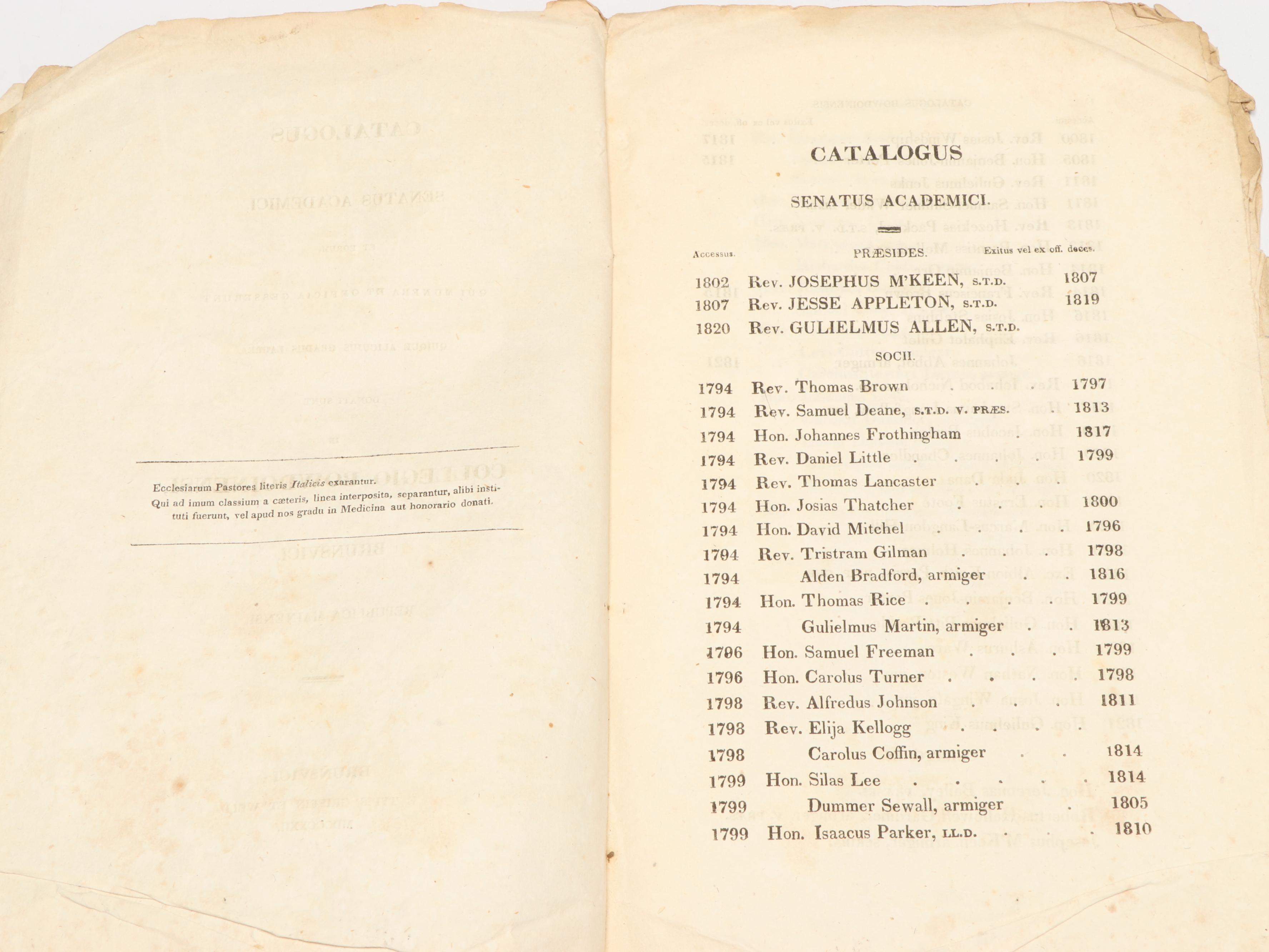 Bowdoin College "Catalogus Senatus Academici" Catalog, 1822