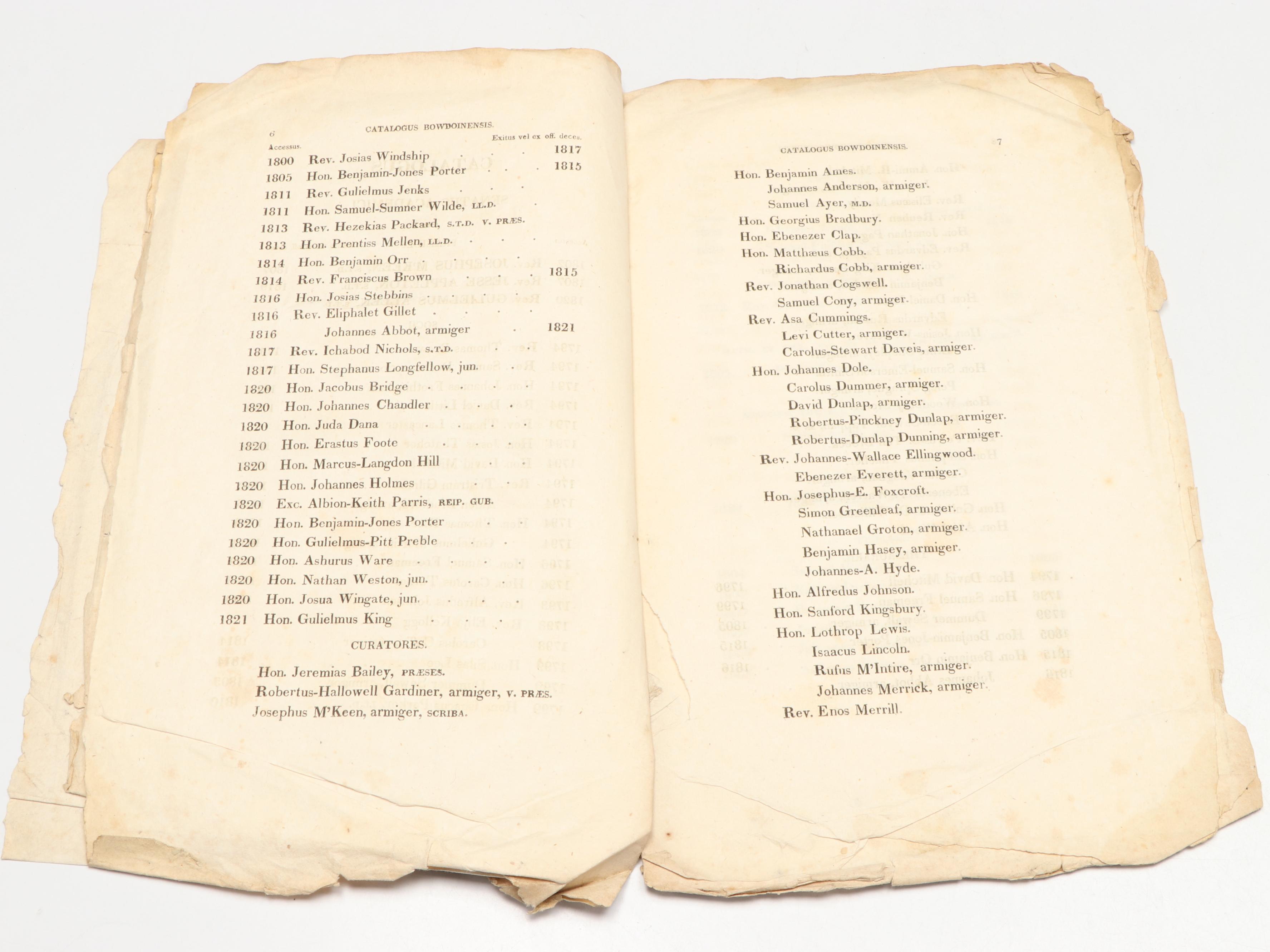 Bowdoin College "Catalogus Senatus Academici" Catalog, 1822