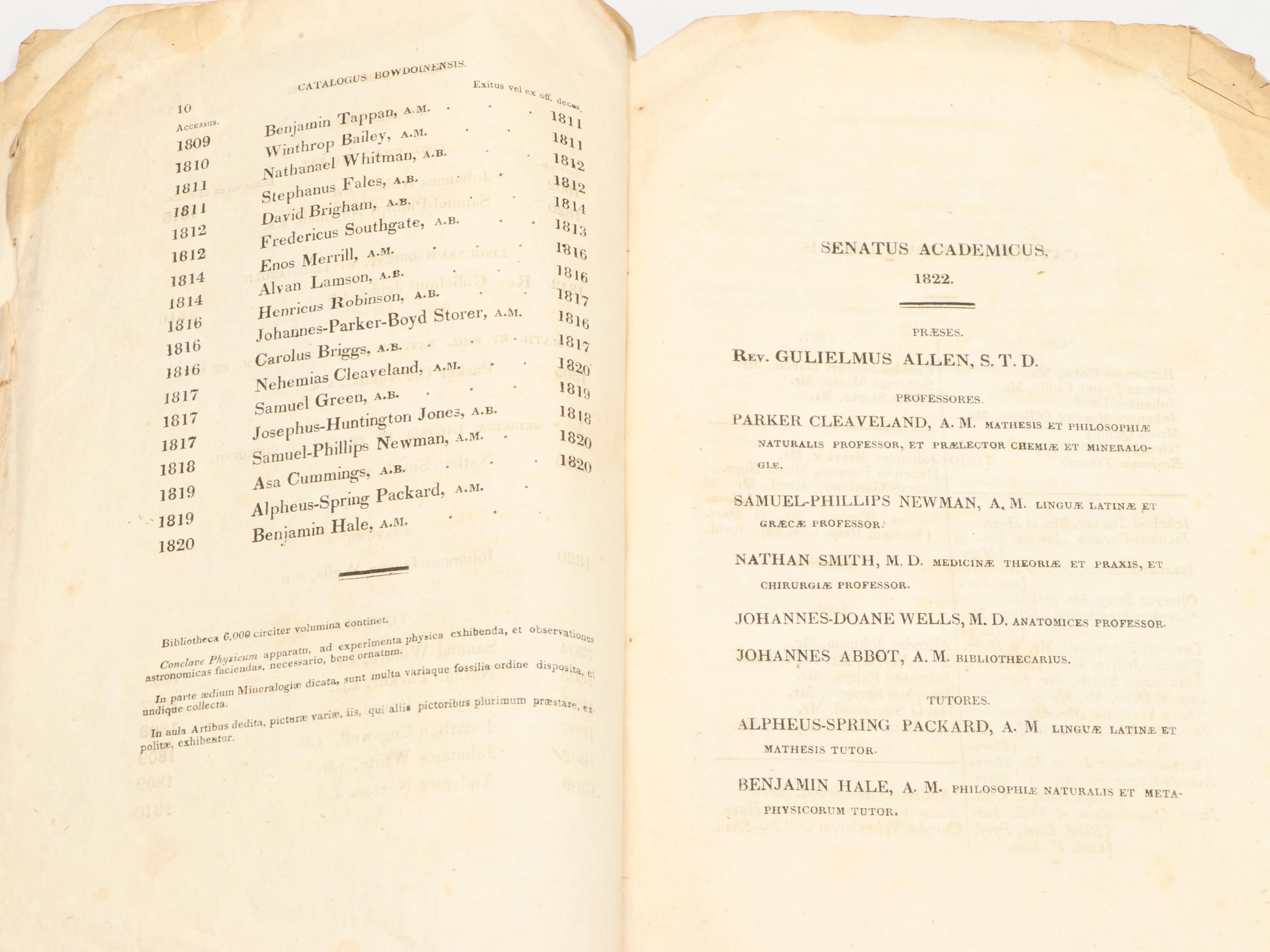 Bowdoin College "Catalogus Senatus Academici" Catalog, 1822