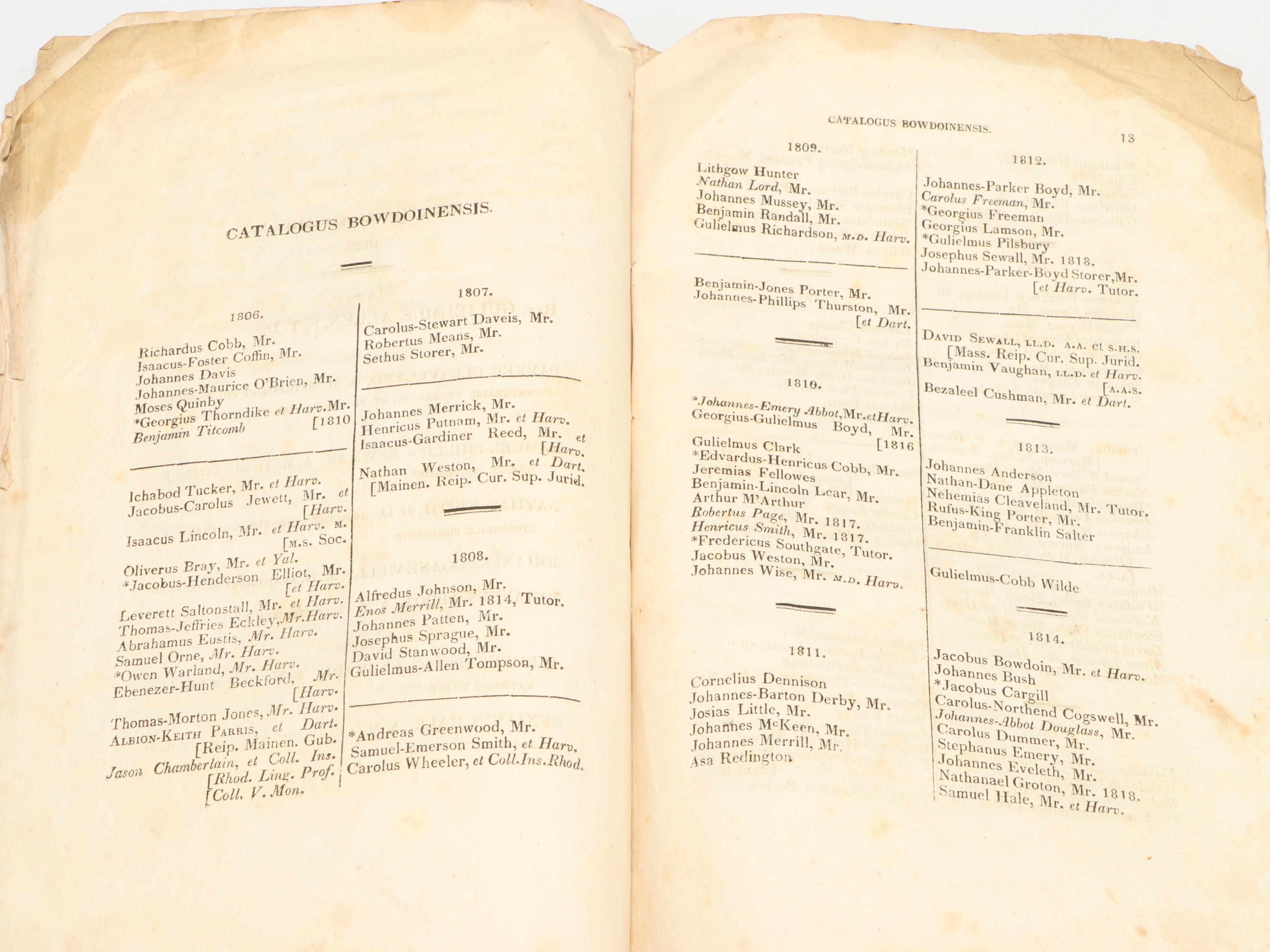 Bowdoin College "Catalogus Senatus Academici" Catalog, 1822