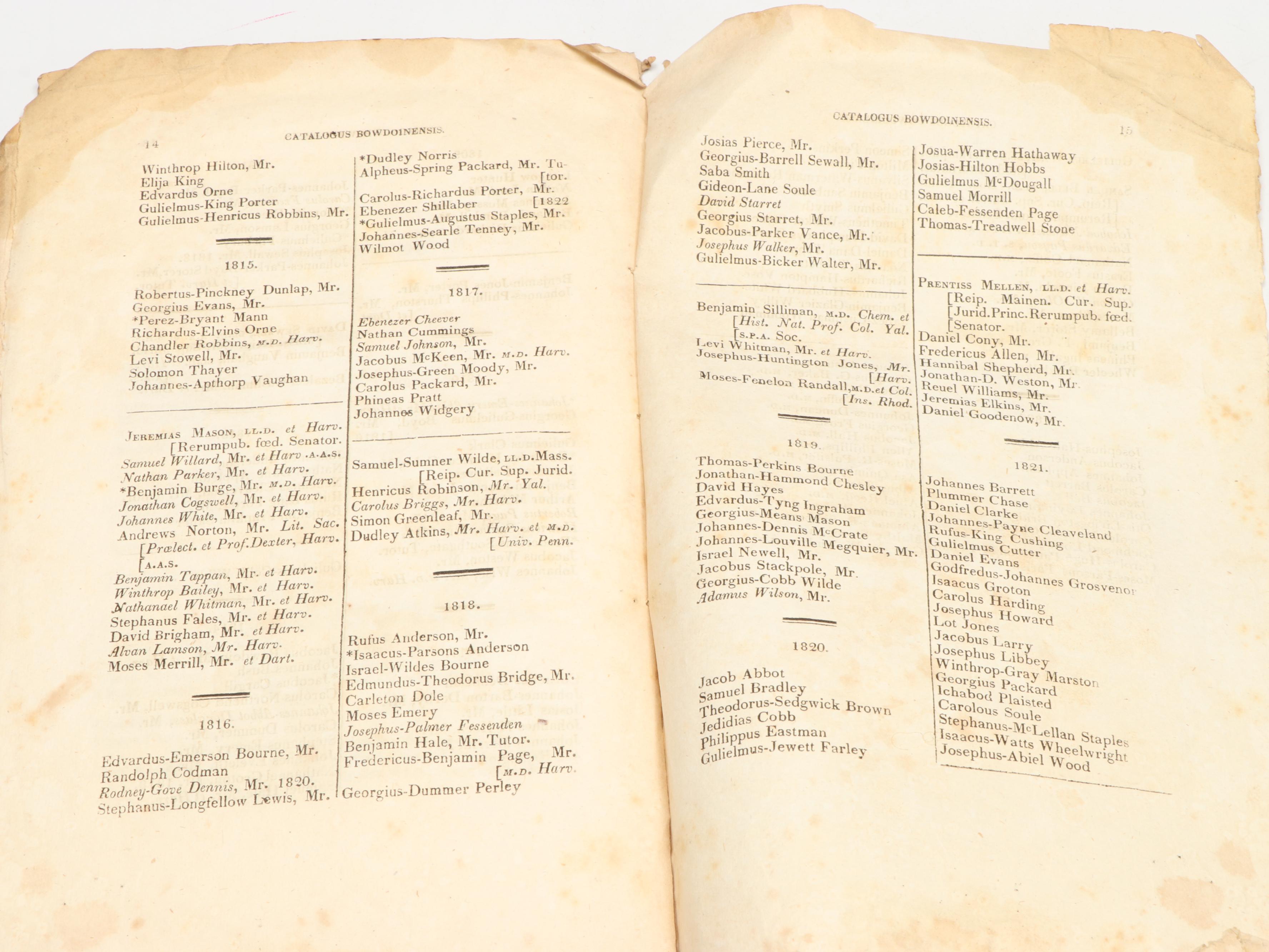 Bowdoin College "Catalogus Senatus Academici" Catalog, 1822
