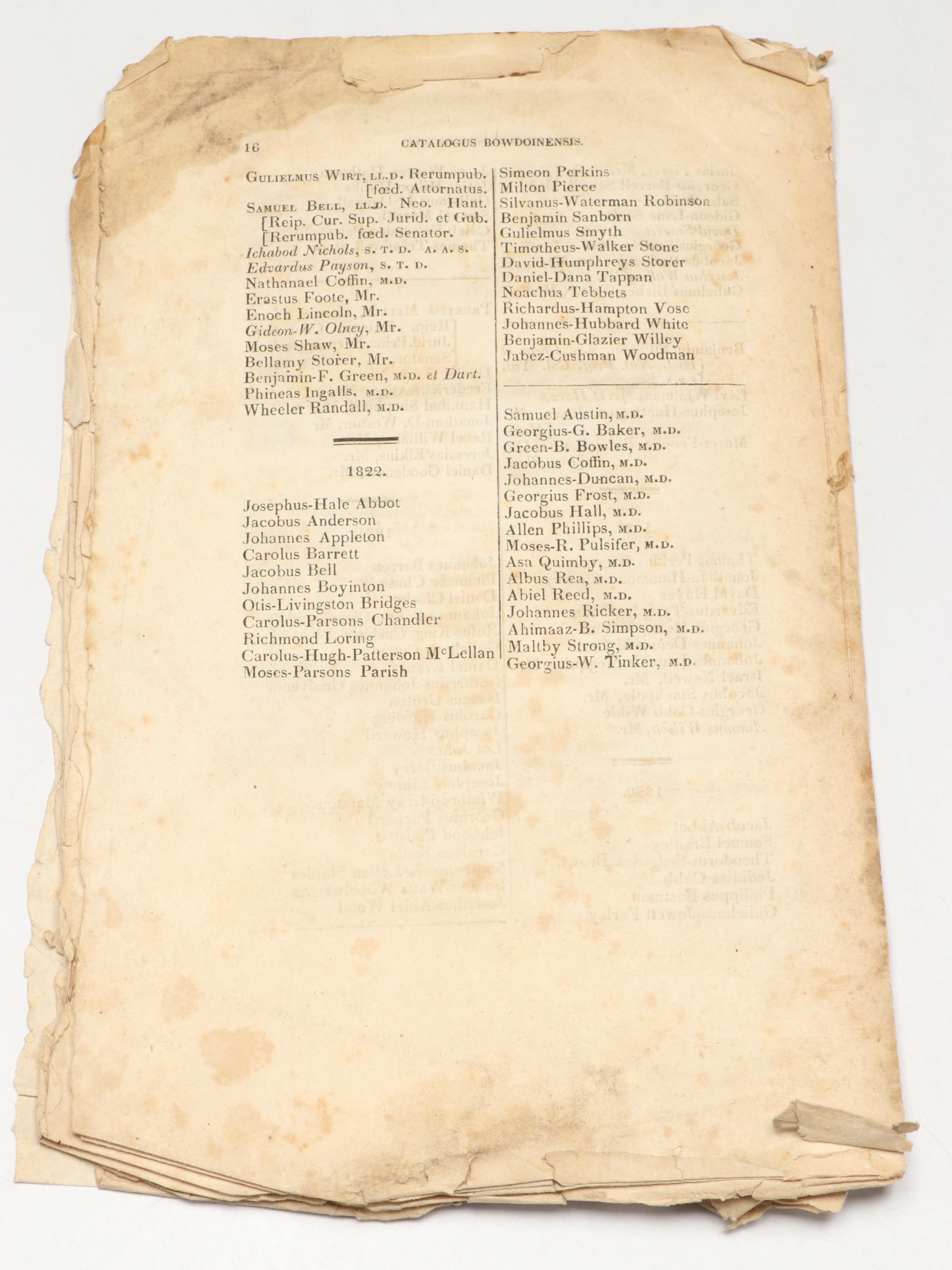 Bowdoin College "Catalogus Senatus Academici" Catalog, 1822