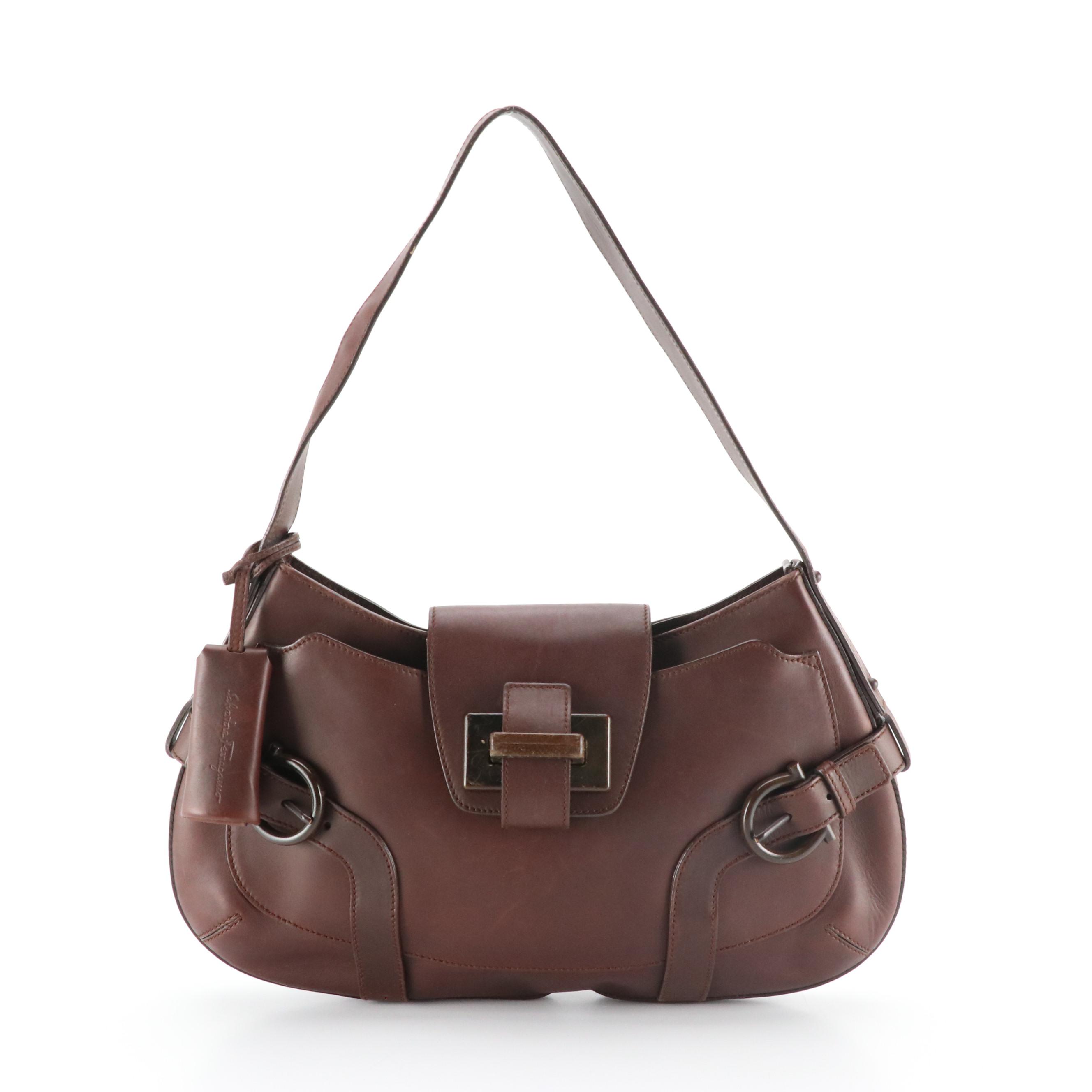 Salvatore Ferragamo Gancini Harness Shoulder Bag in Brown Leather