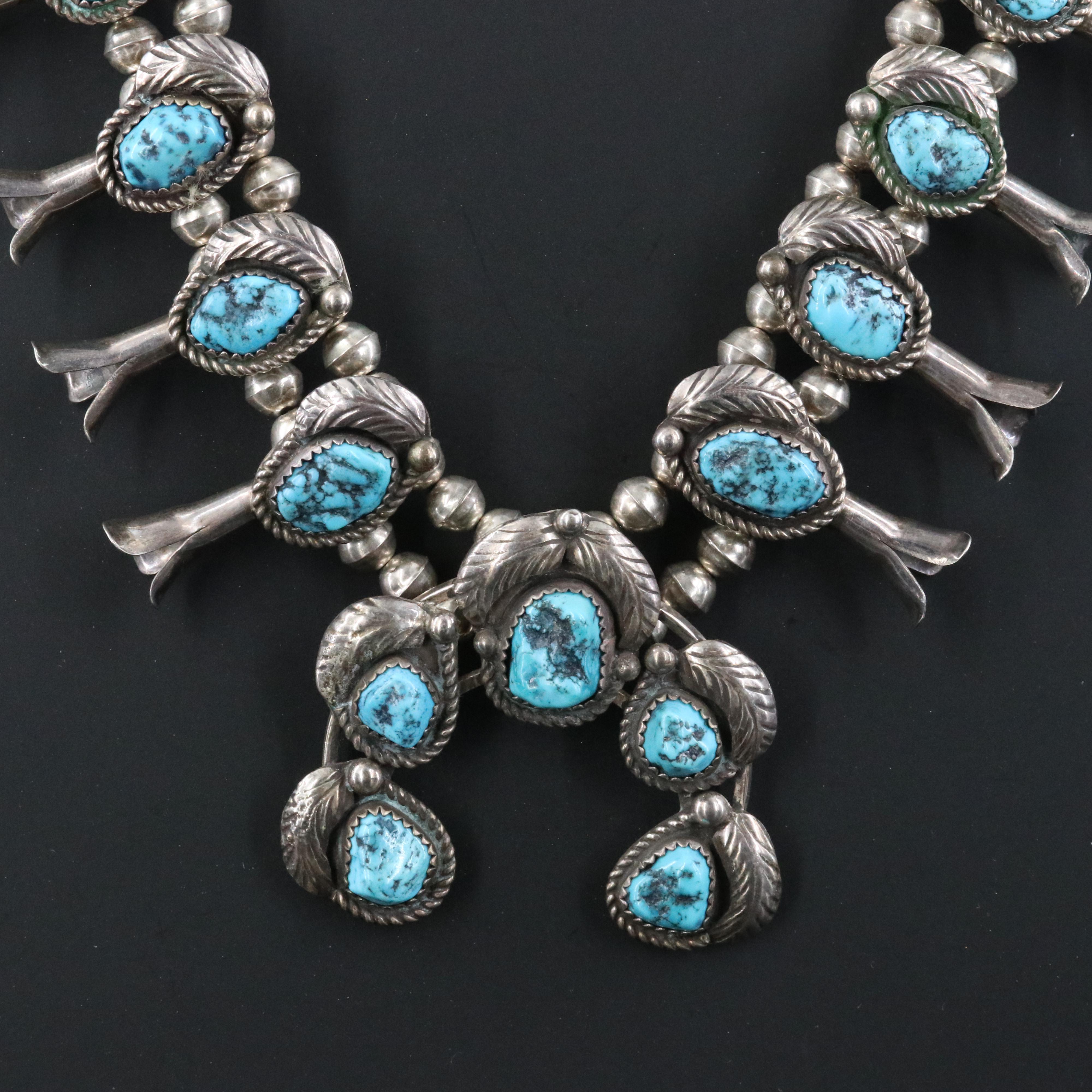 Southwestern Sterling and 850 Silver Turquoise Squash Blossom Necklace