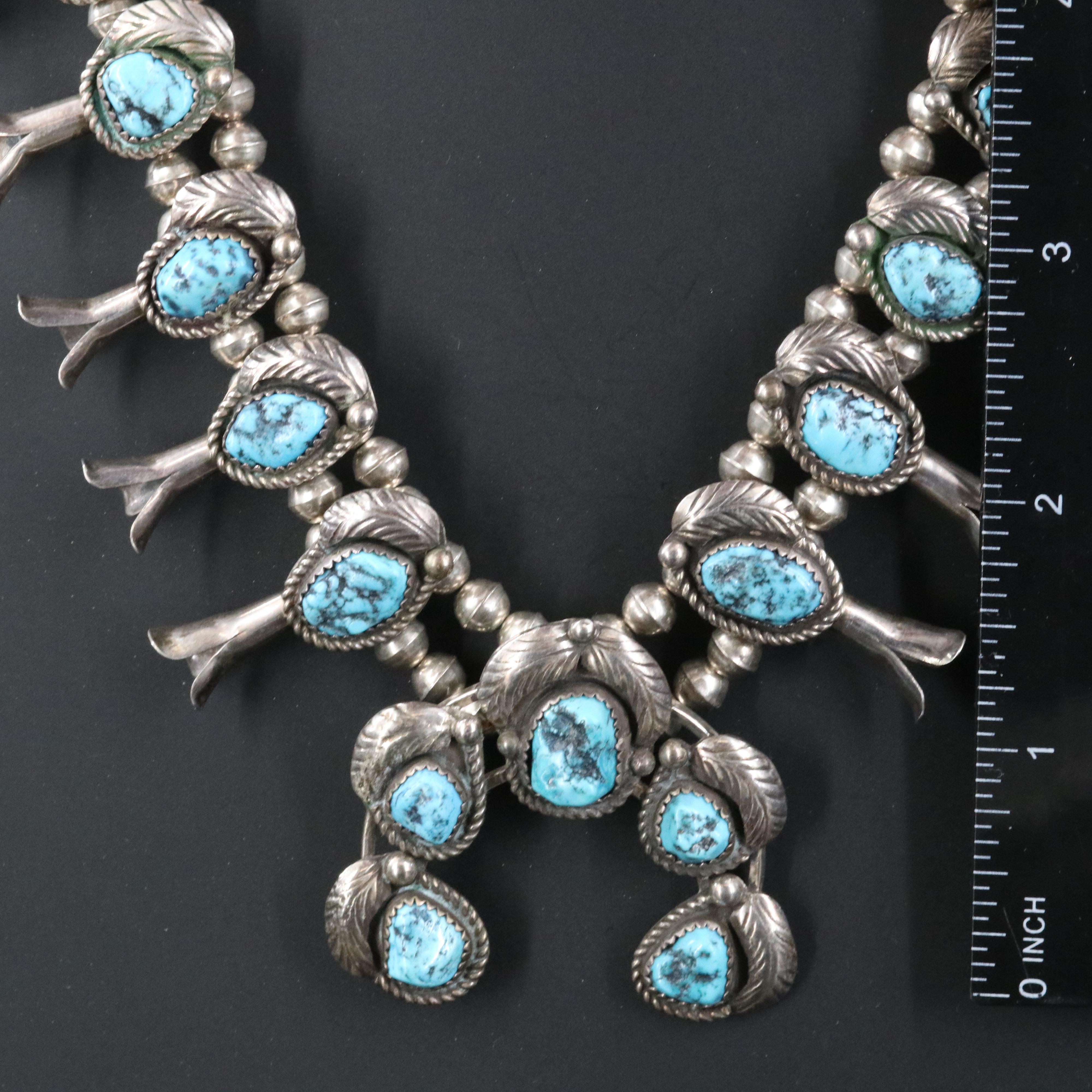 Southwestern Sterling and 850 Silver Turquoise Squash Blossom Necklace