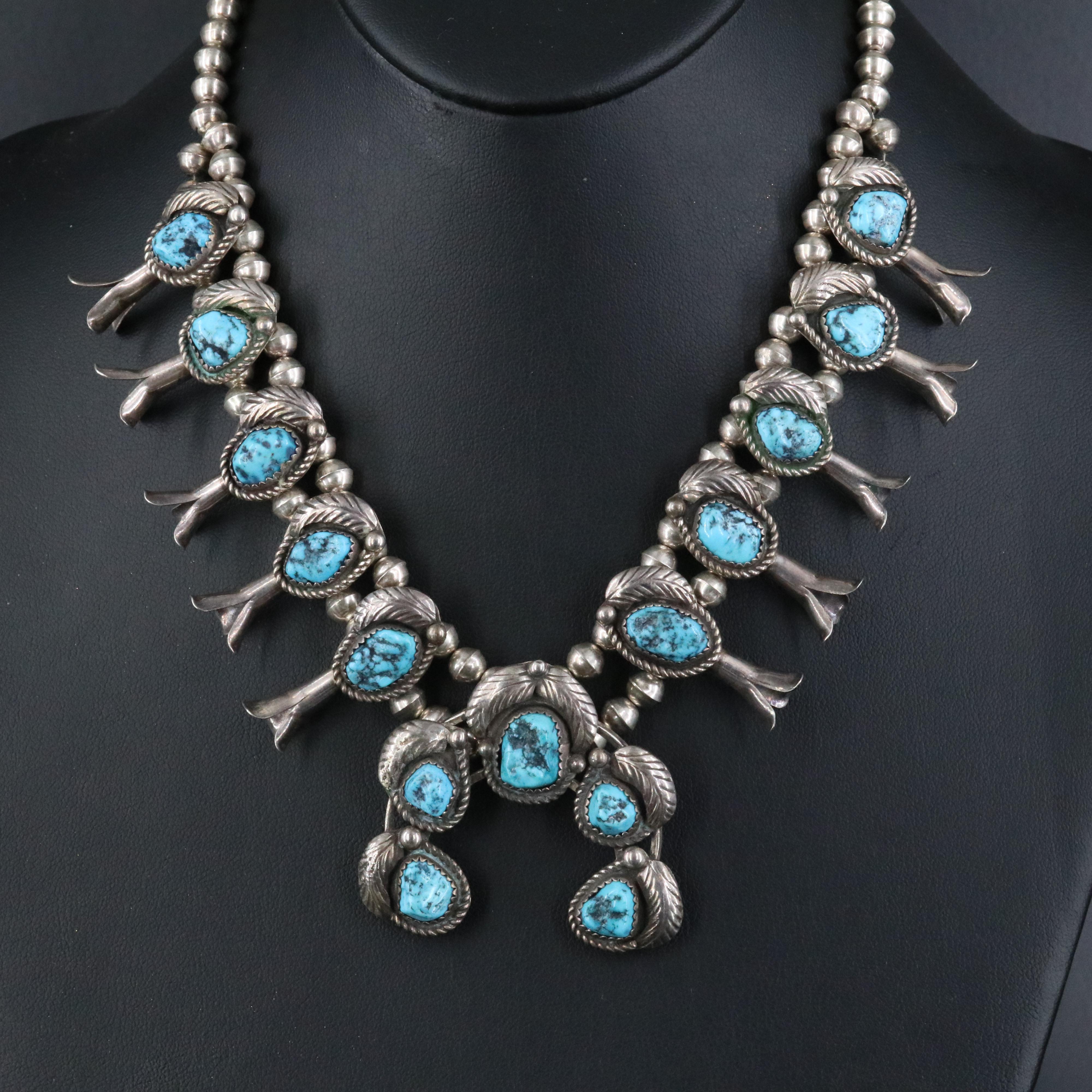 Southwestern Sterling and 850 Silver Turquoise Squash Blossom Necklace