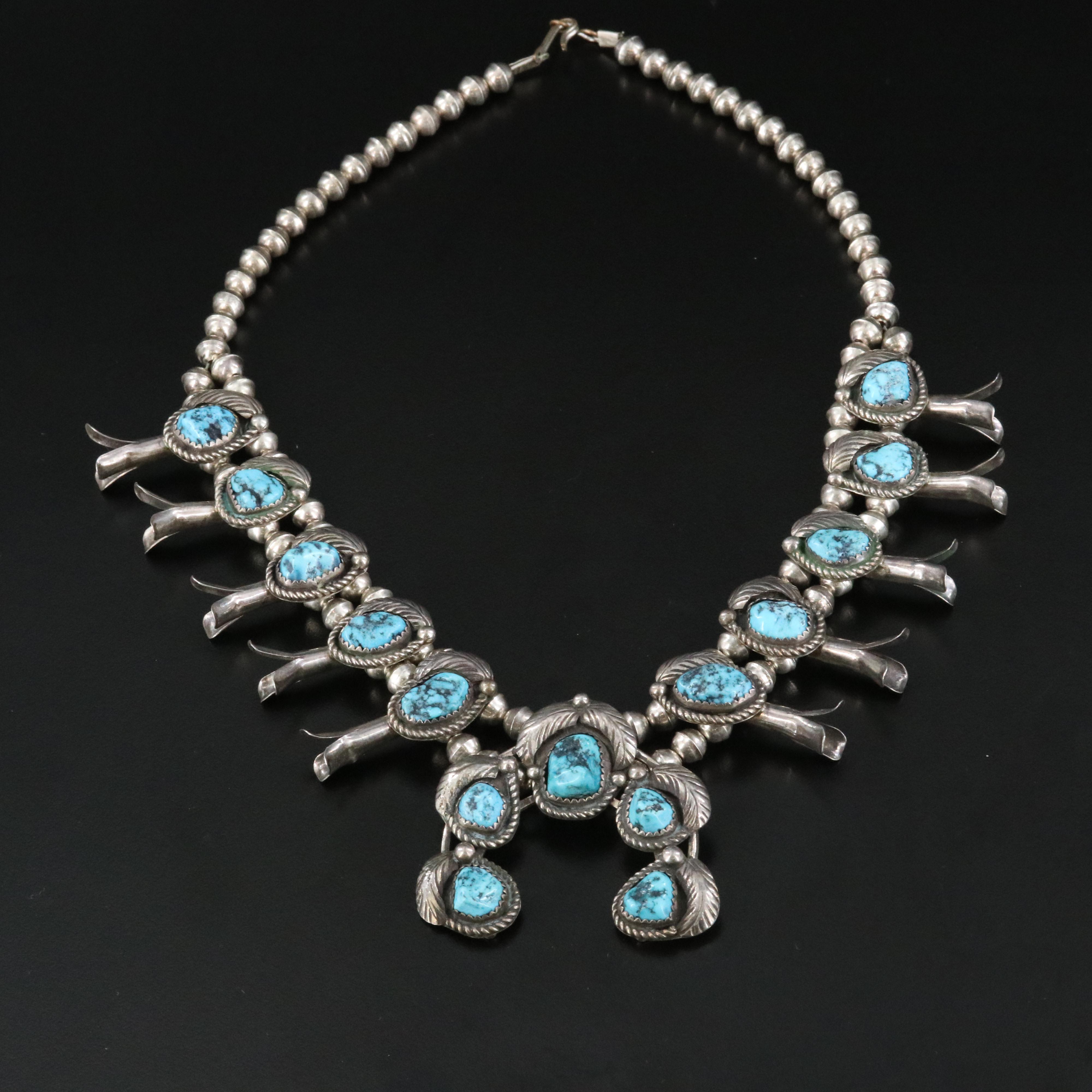 Southwestern Sterling and 850 Silver Turquoise Squash Blossom Necklace