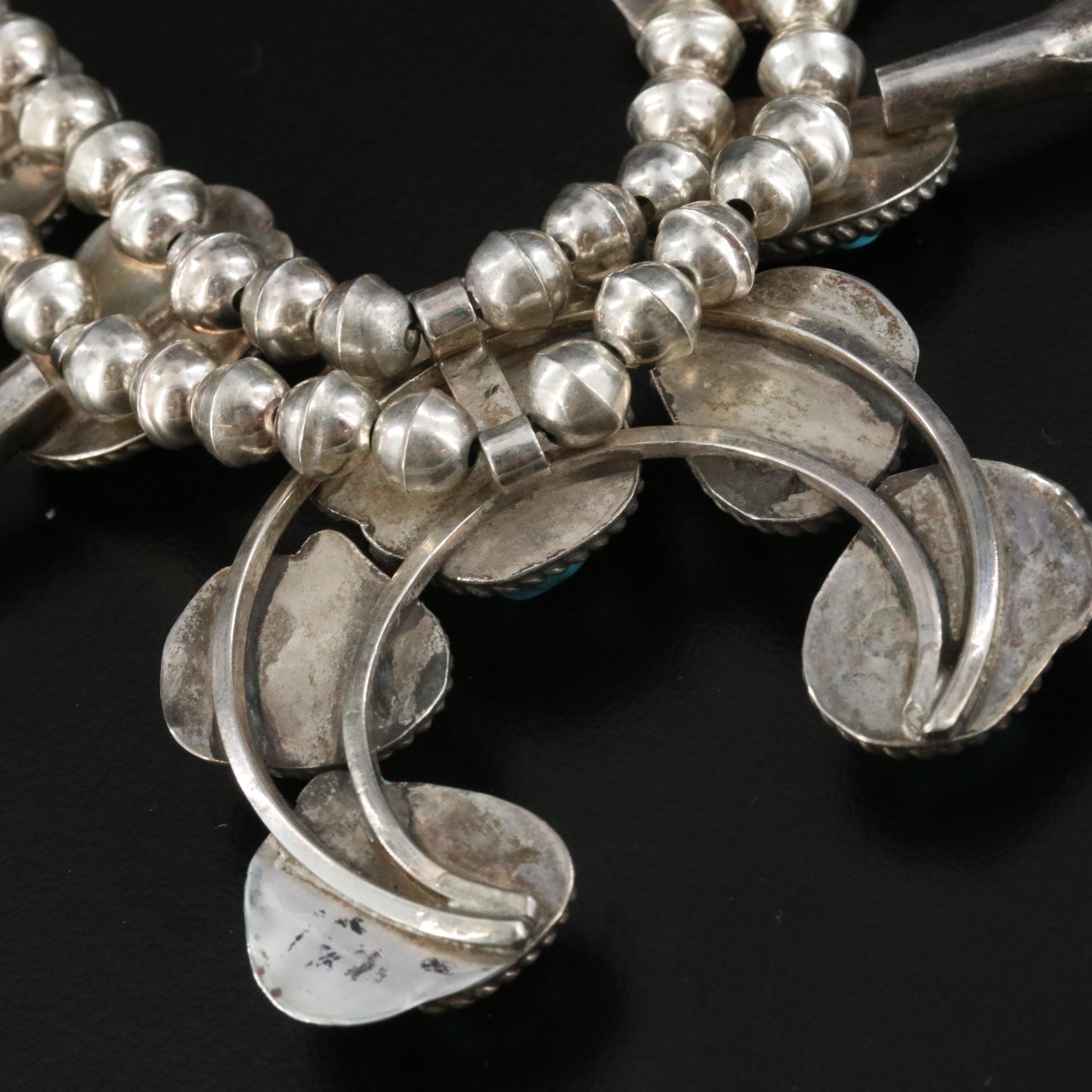 Southwestern Sterling and 850 Silver Turquoise Squash Blossom Necklace