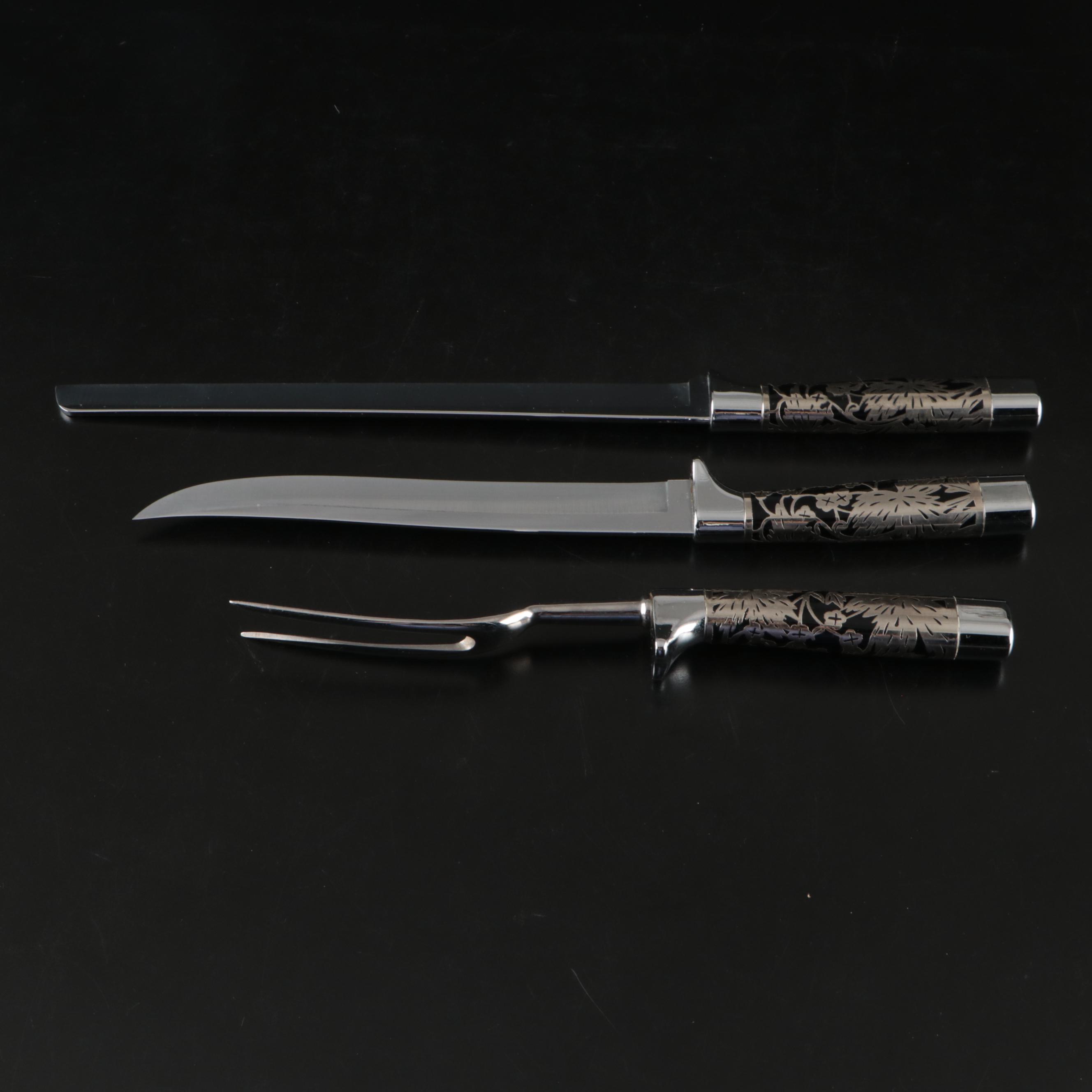 Carvel Hall by Briddell Silver Overlay Three-Piece Carving Set, Mid–Late 20th C.