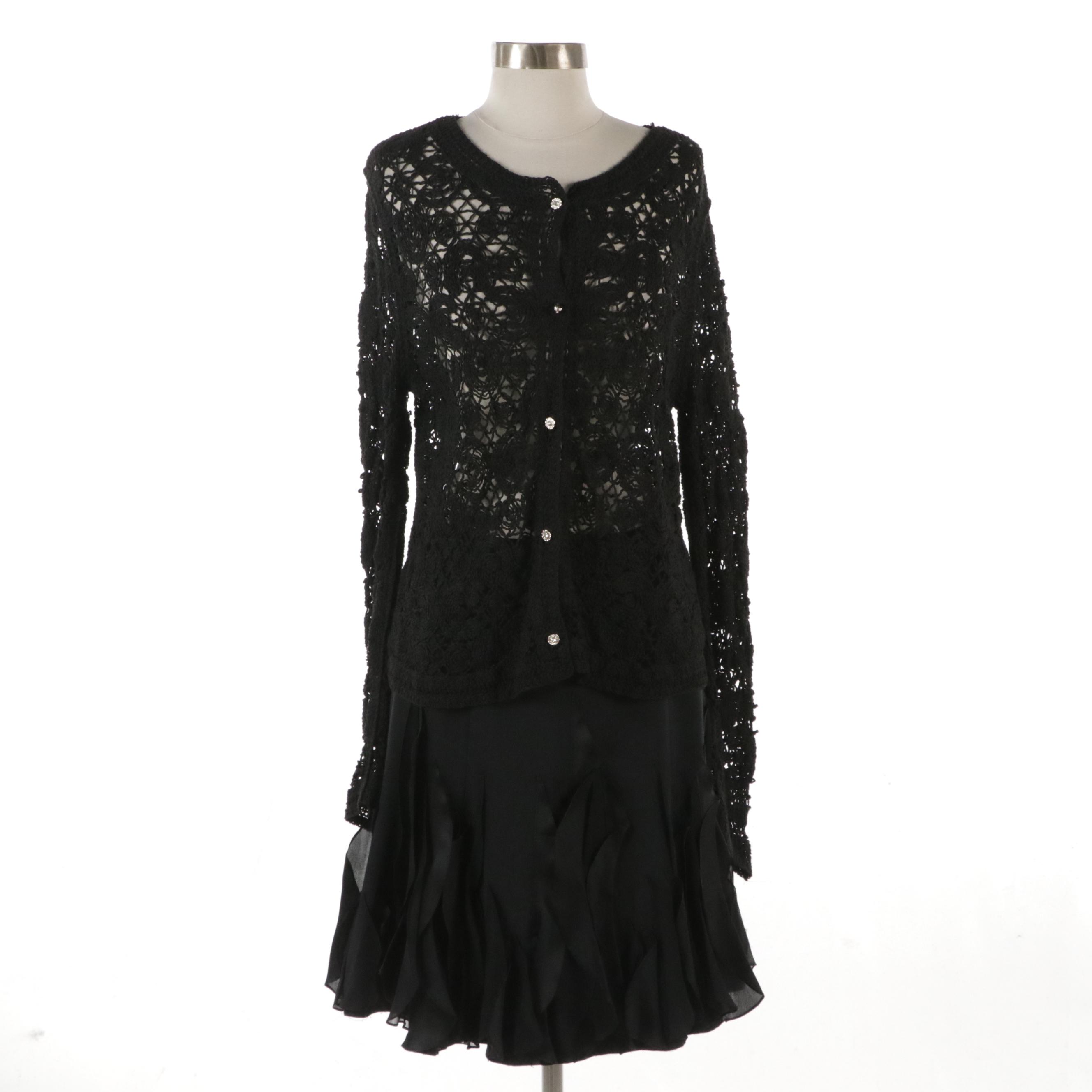 Teri Jon by Rickie Freeman Black Silk Skirt & Mooij Crocheted Cotton Cardigan