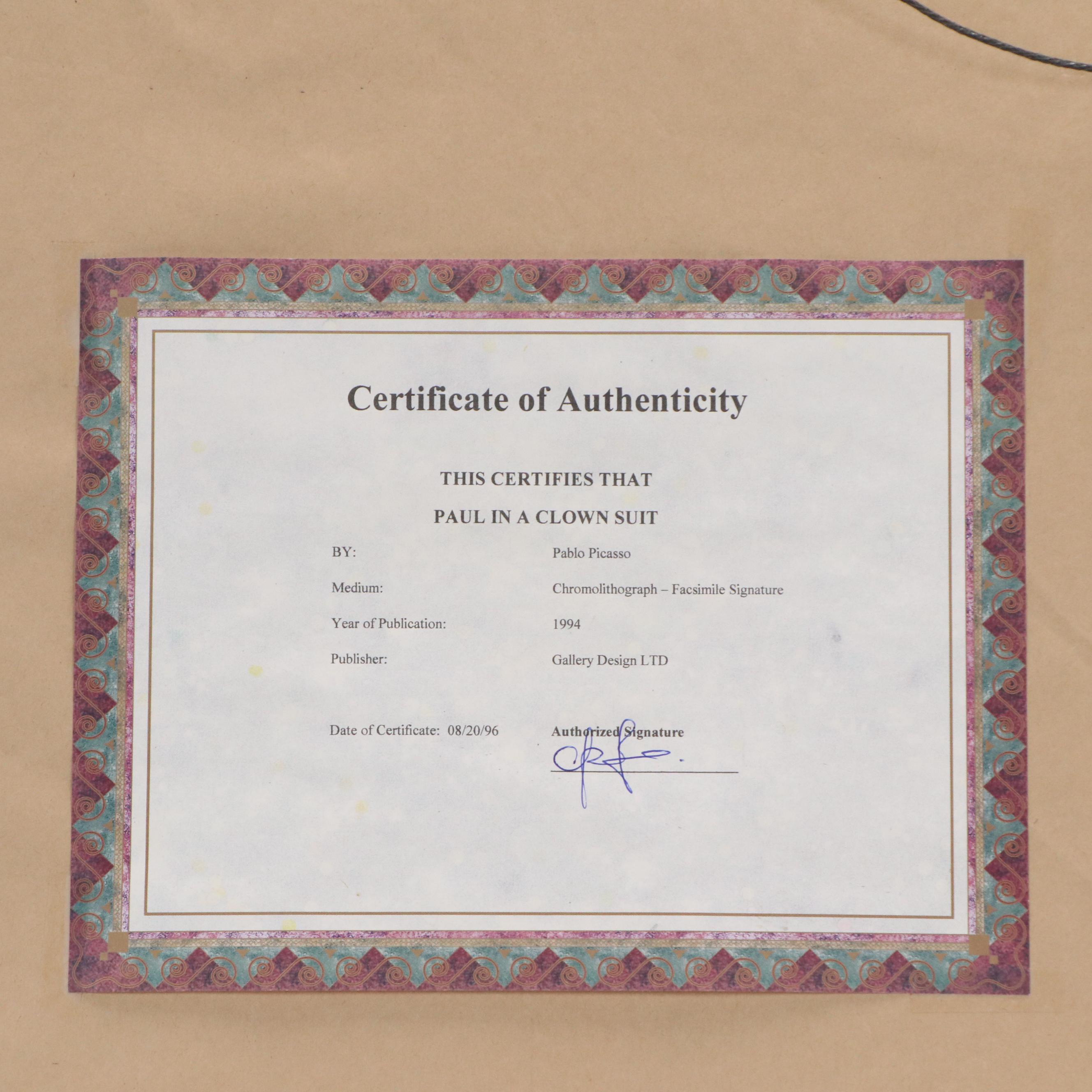 After Pablo Picasso Chromolithograph "Paul en Arlequin," 1994