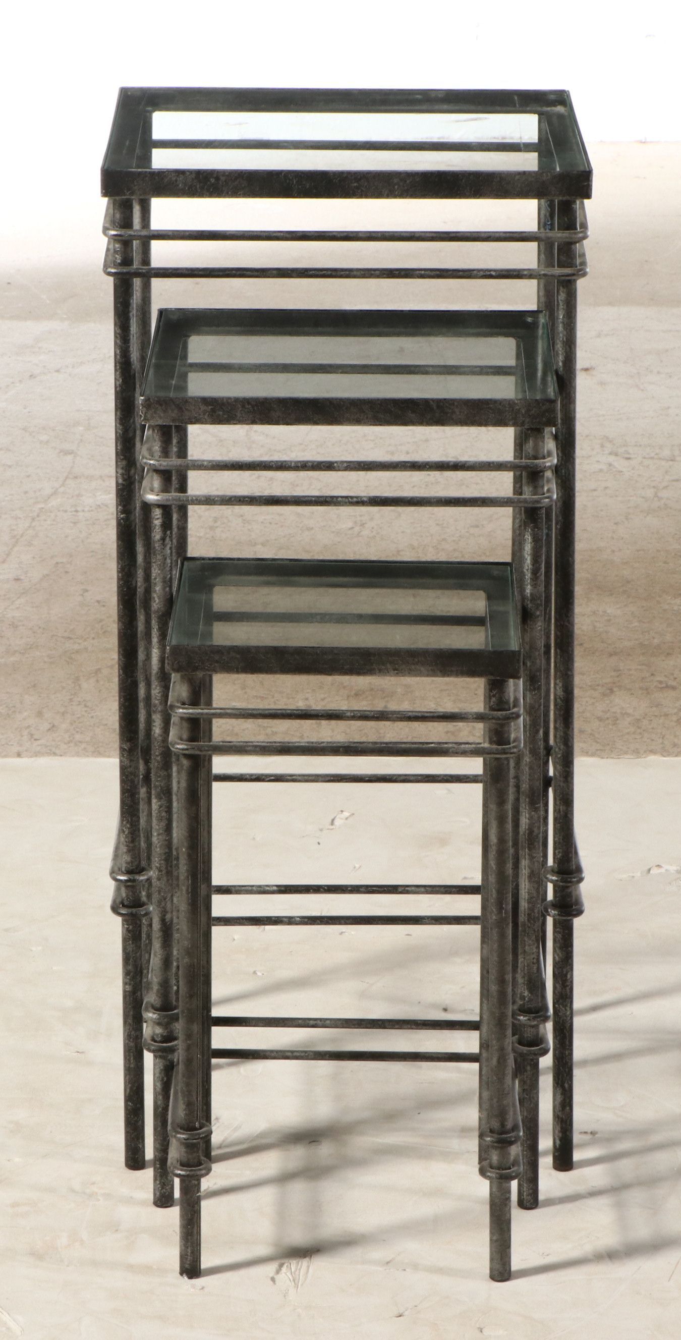 Set of Three Contemporary Wrought Iron Glass Top Nested Plant Stands