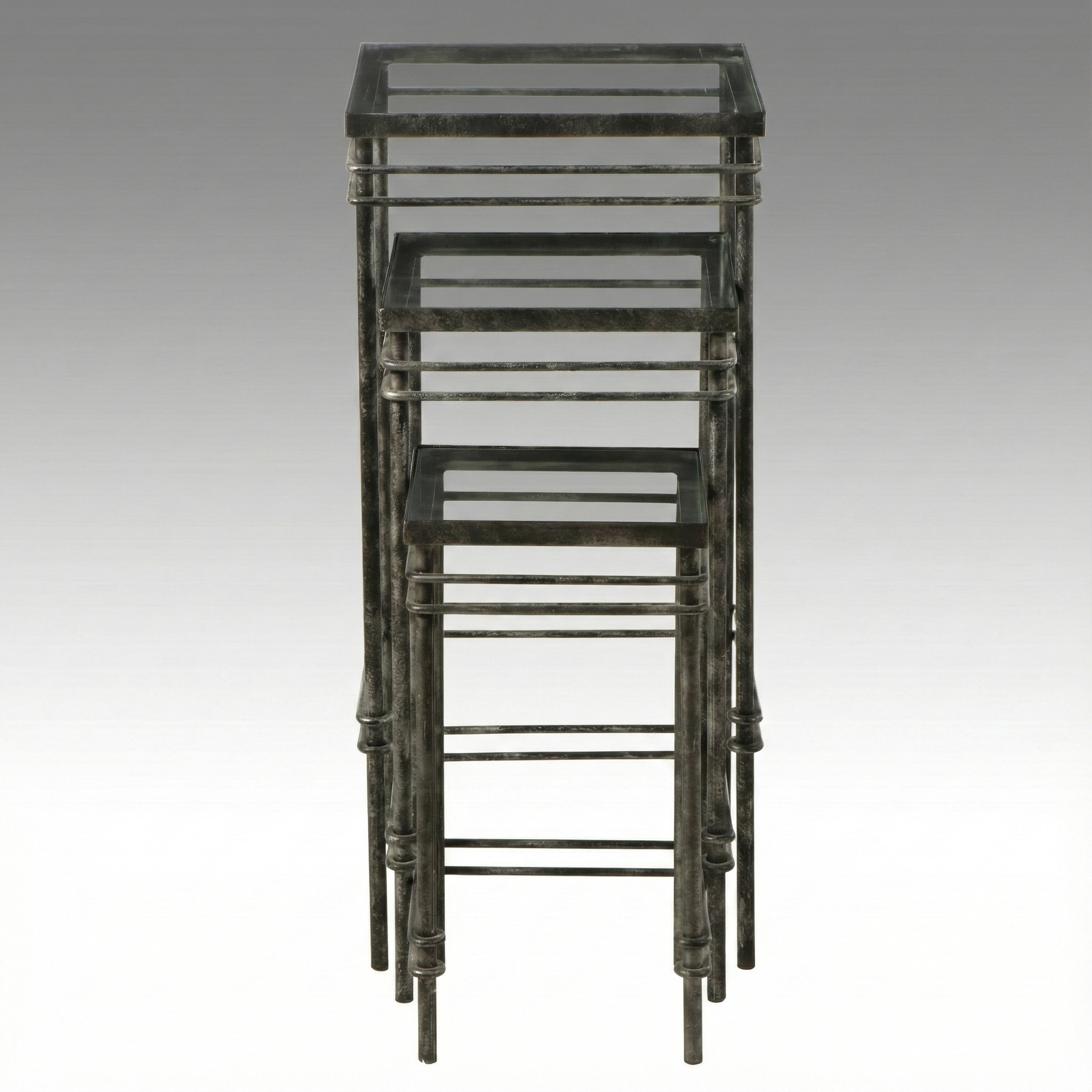 Set of Three Contemporary Wrought Iron Glass Top Nested Plant Stands