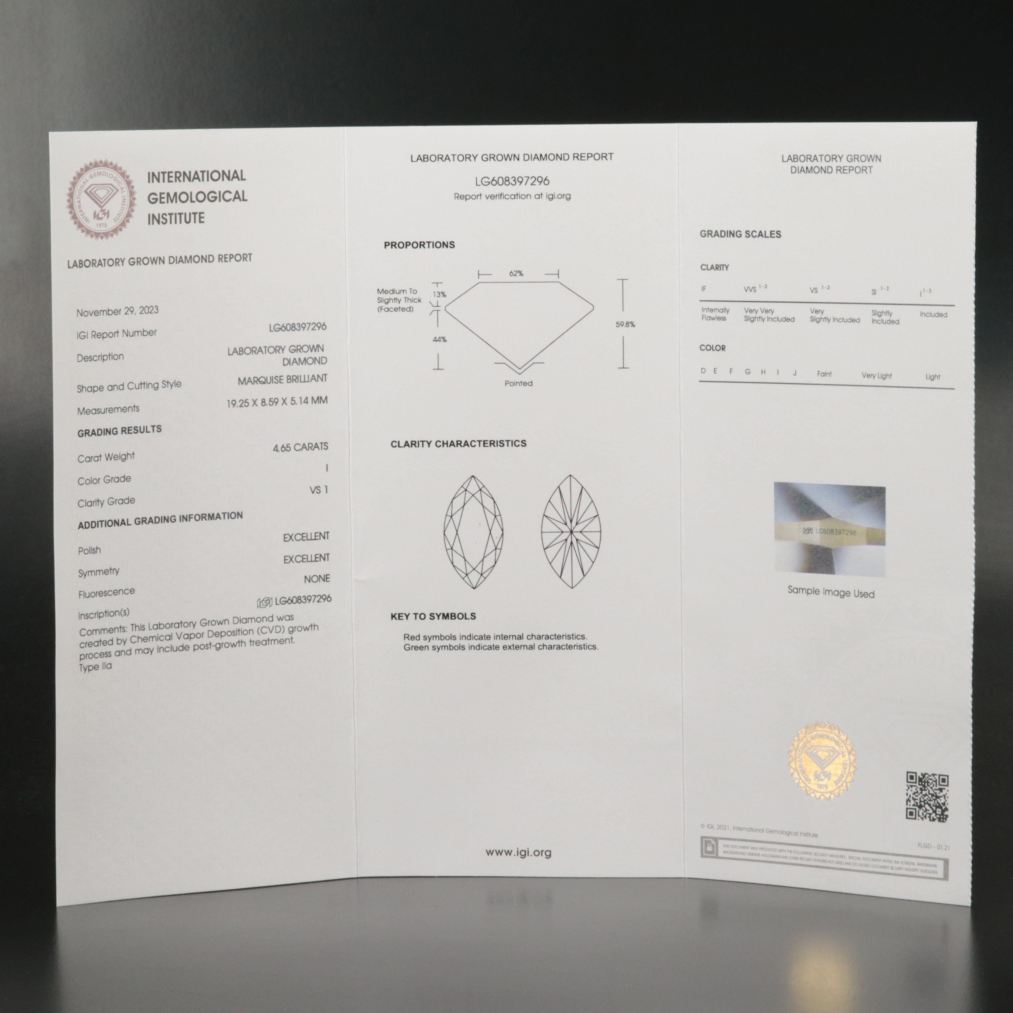 Loose 4.65 CT Lab Grown Diamond with IGI Report
