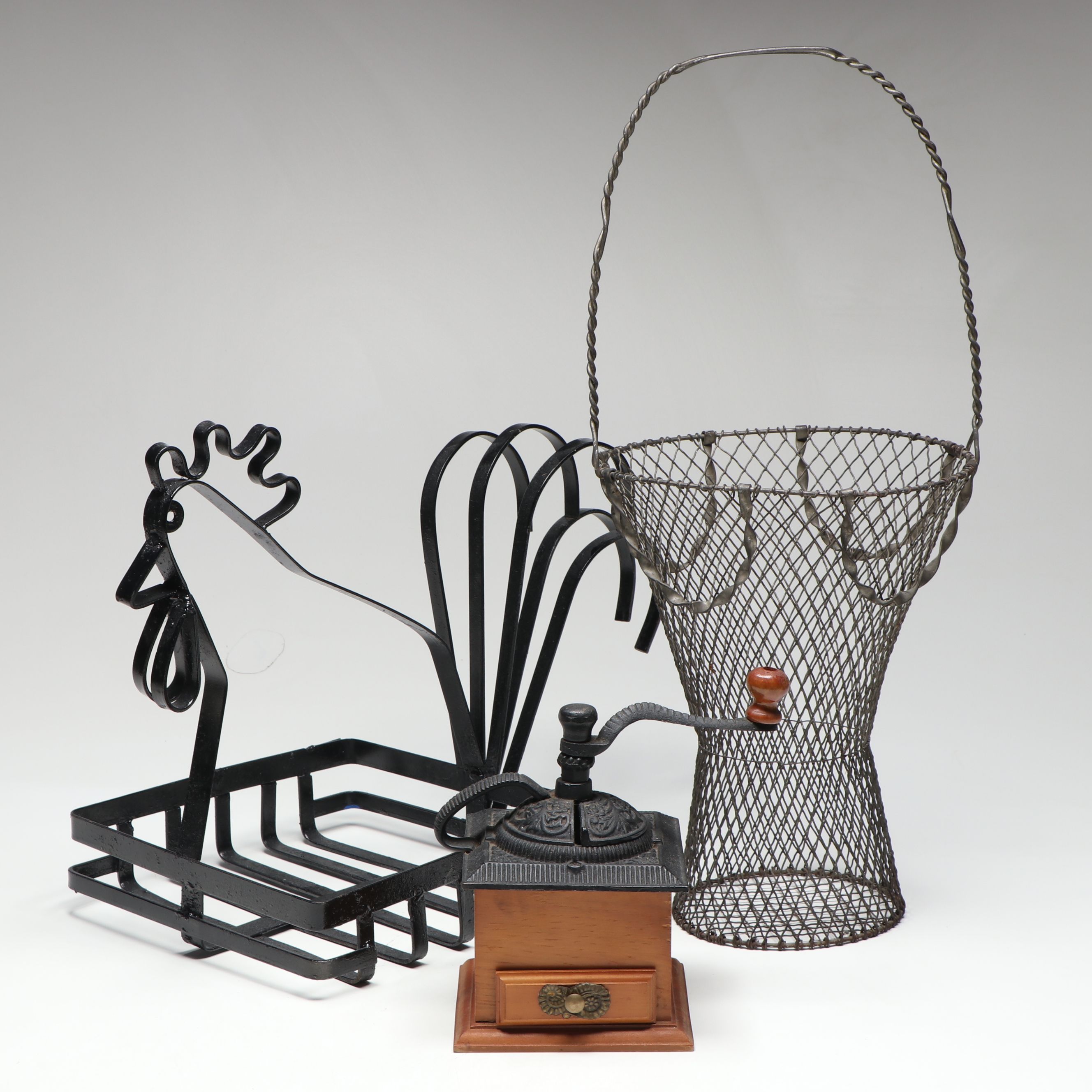 Manual Wooden Coffee Grinder with Rooster and Other Metal Baskets
