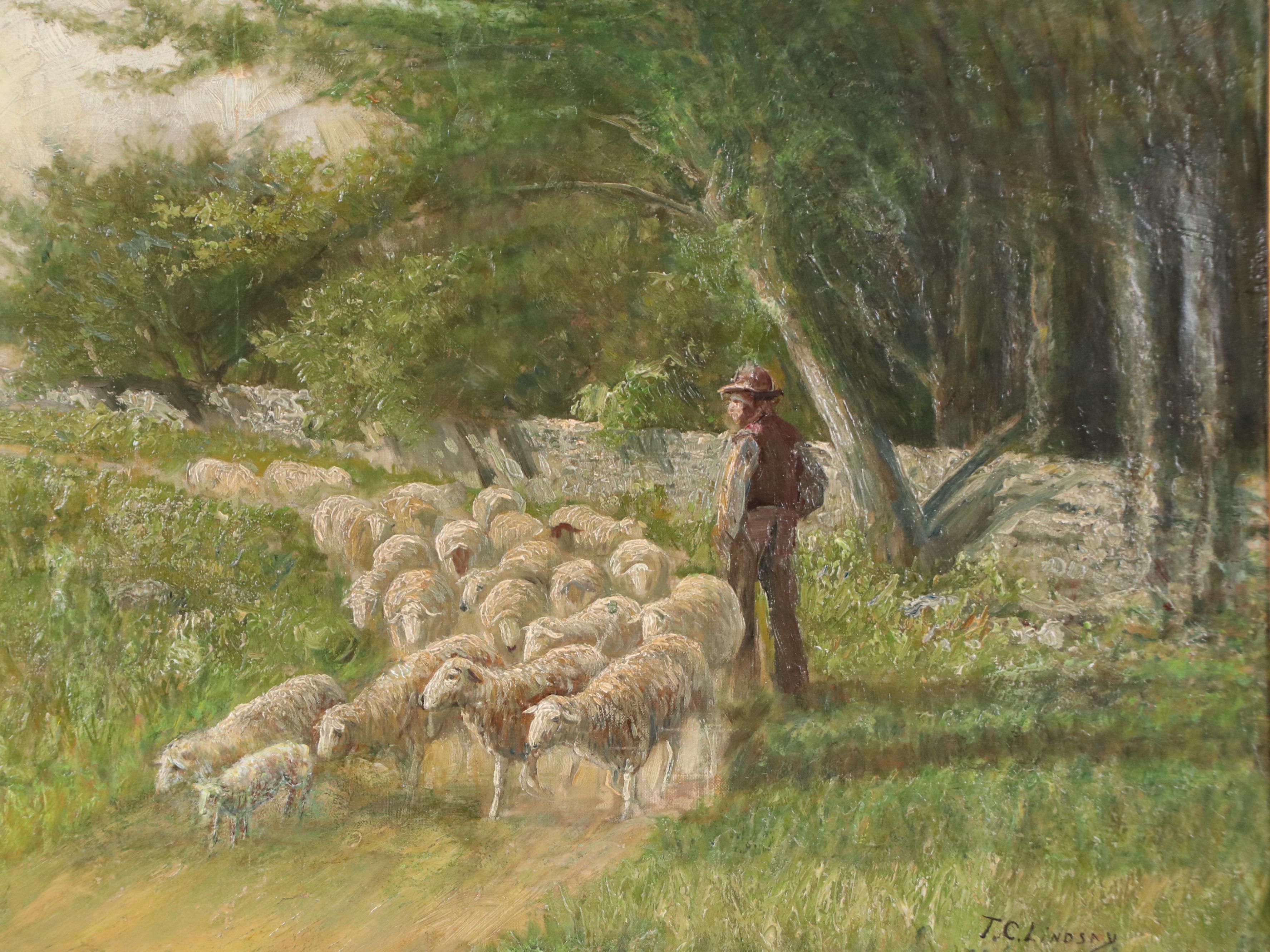 Thomas C. Lindsay Oil Painting of Shepherd with His Flock, Late 19th Century