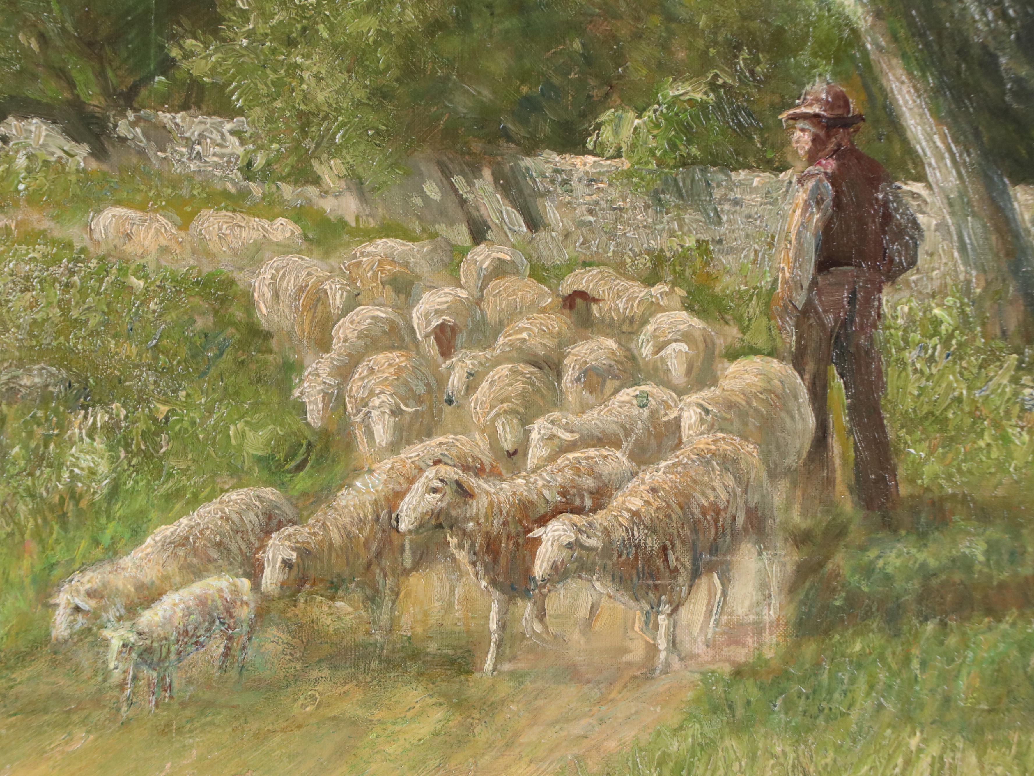 Thomas C. Lindsay Oil Painting of Shepherd with His Flock, Late 19th Century