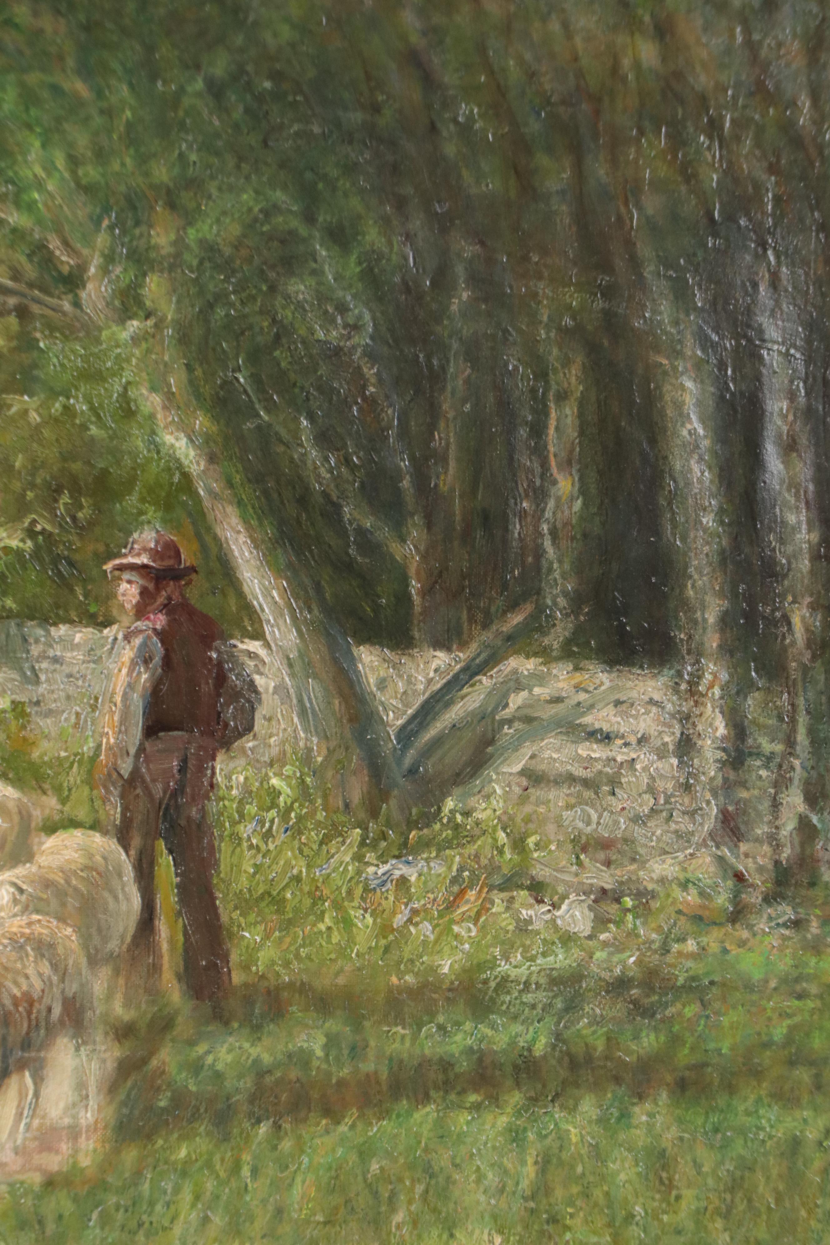 Thomas C. Lindsay Oil Painting of Shepherd with His Flock, Late 19th Century