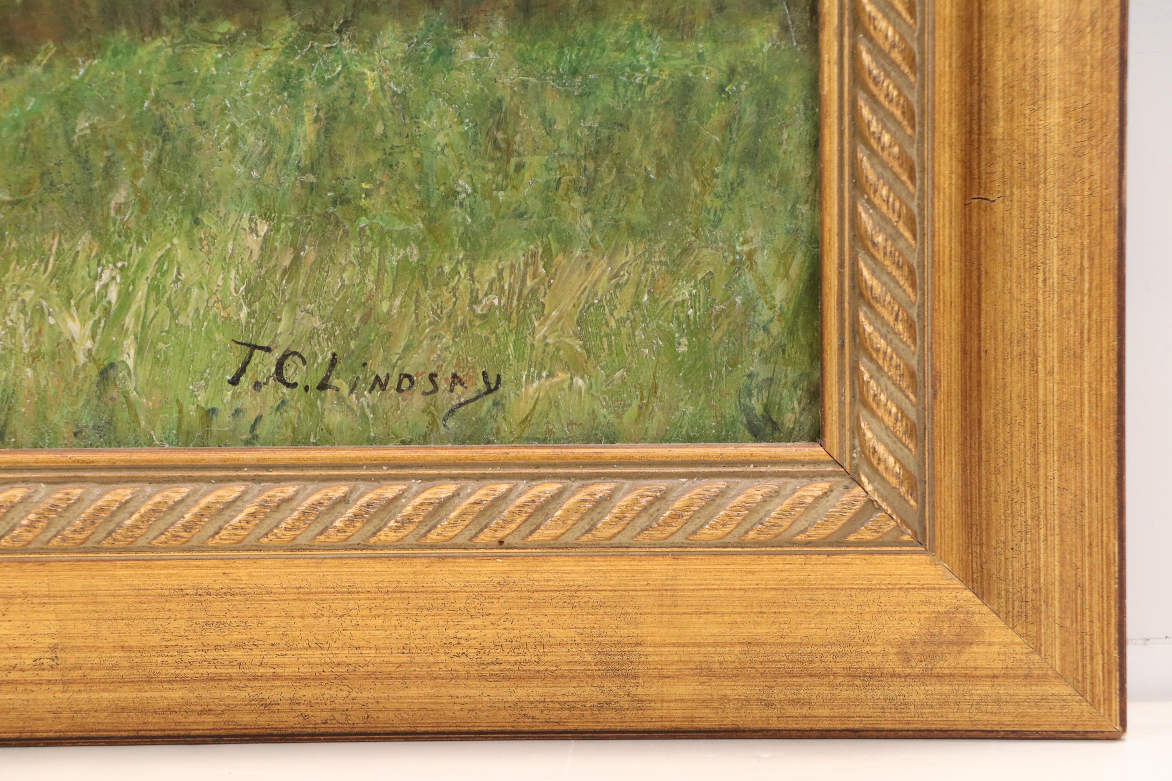 Thomas C. Lindsay Oil Painting of Shepherd with His Flock, Late 19th Century