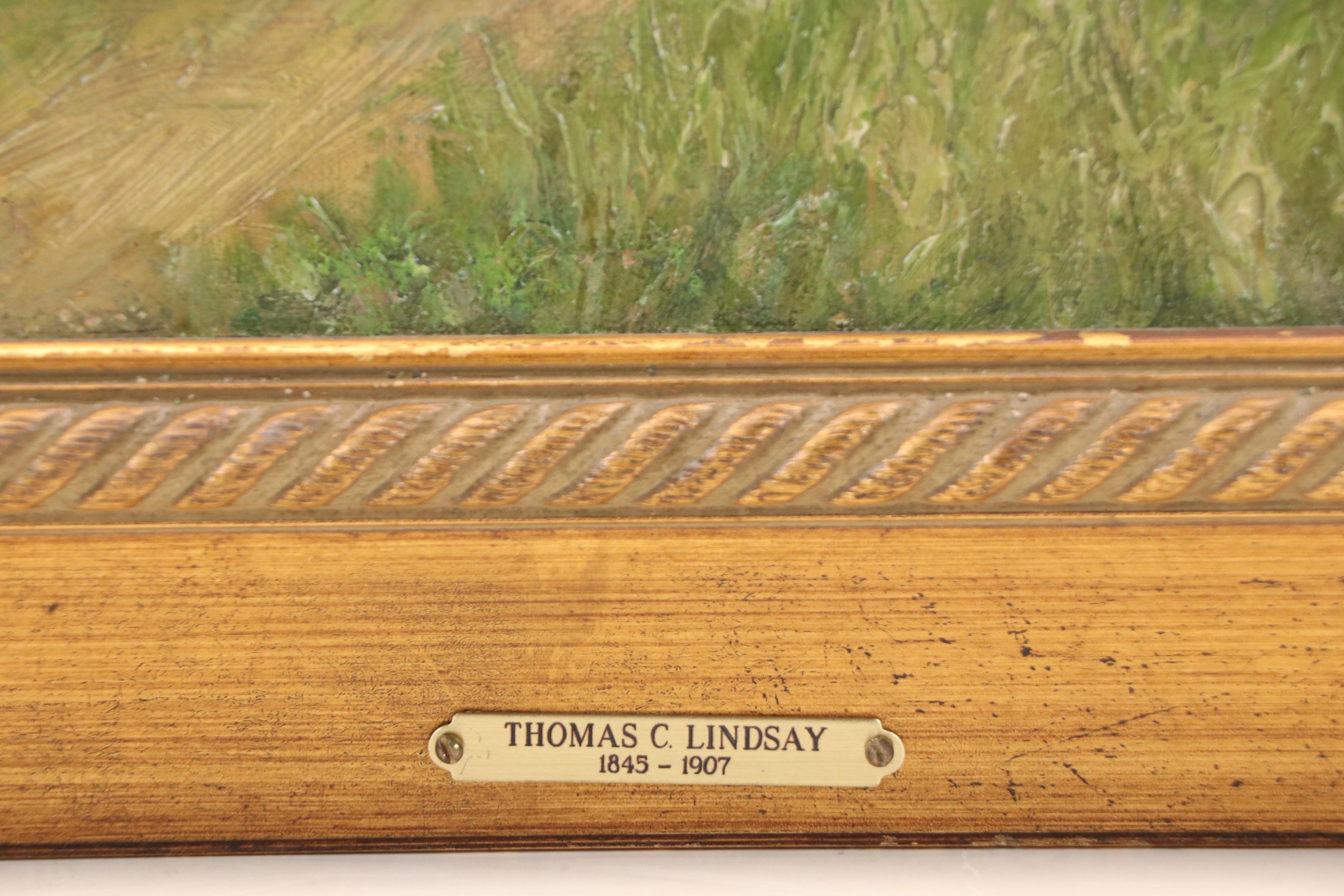 Thomas C. Lindsay Oil Painting of Shepherd with His Flock, Late 19th Century