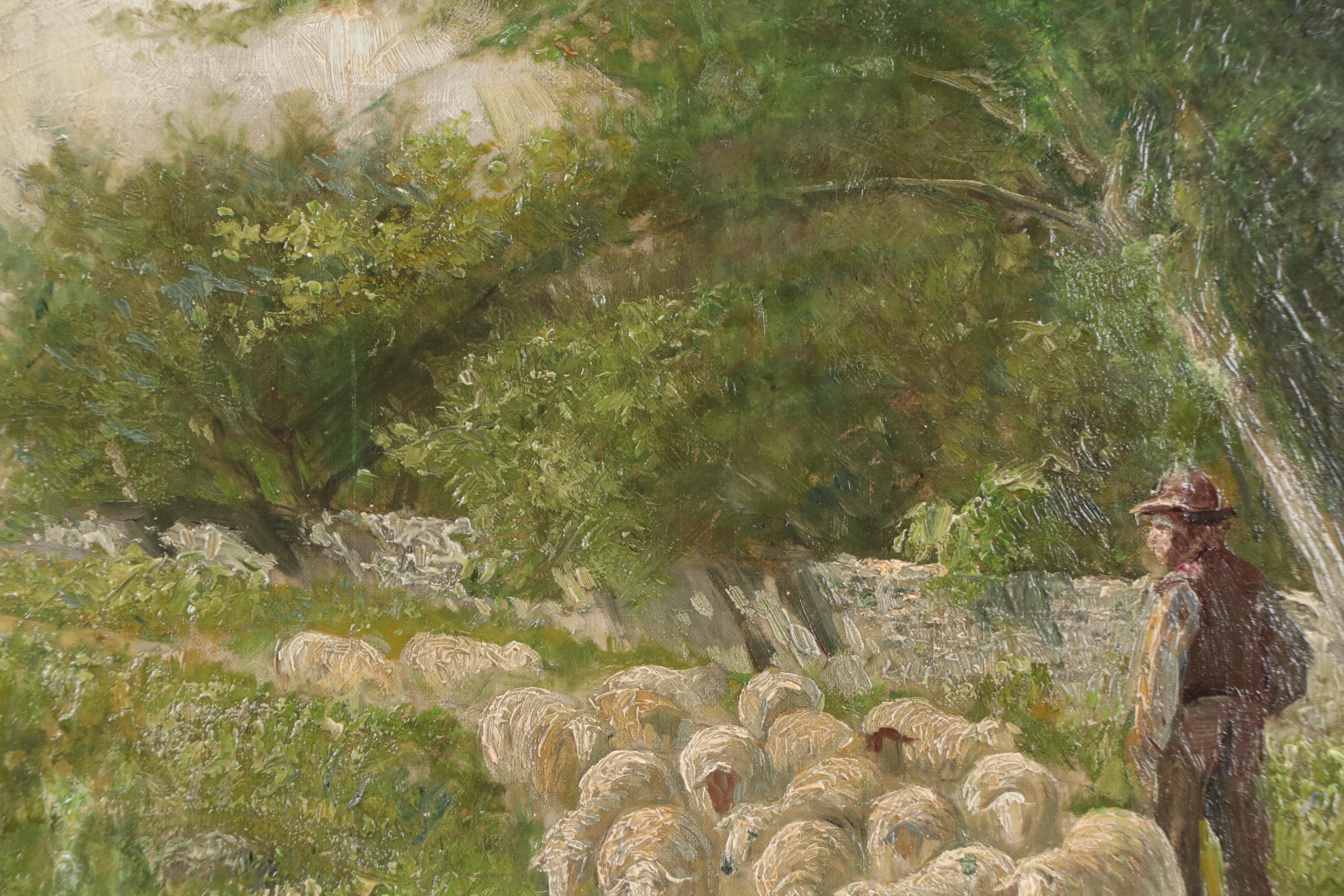 Thomas C. Lindsay Oil Painting of Shepherd with His Flock, Late 19th Century