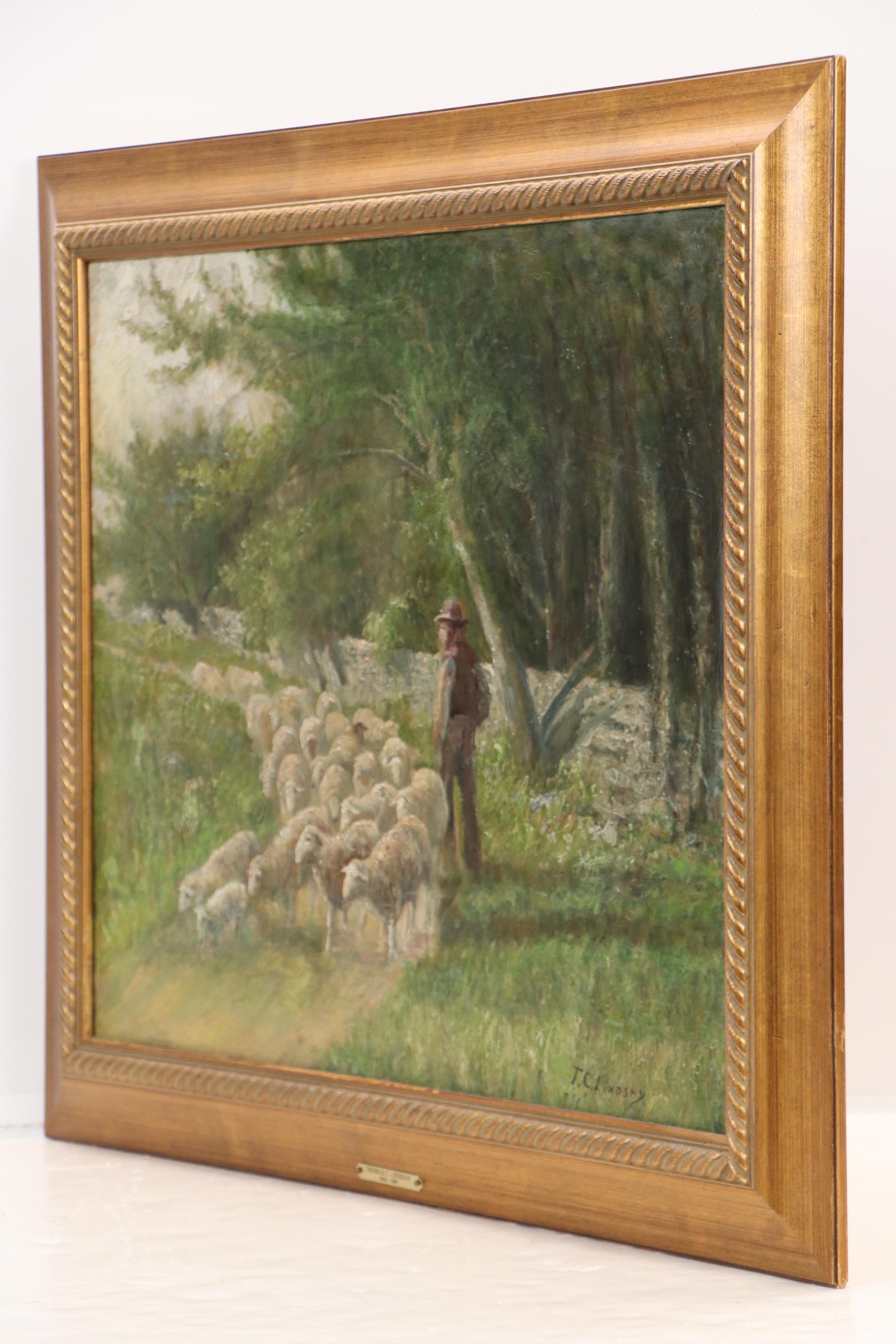 Thomas C. Lindsay Oil Painting of Shepherd with His Flock, Late 19th Century