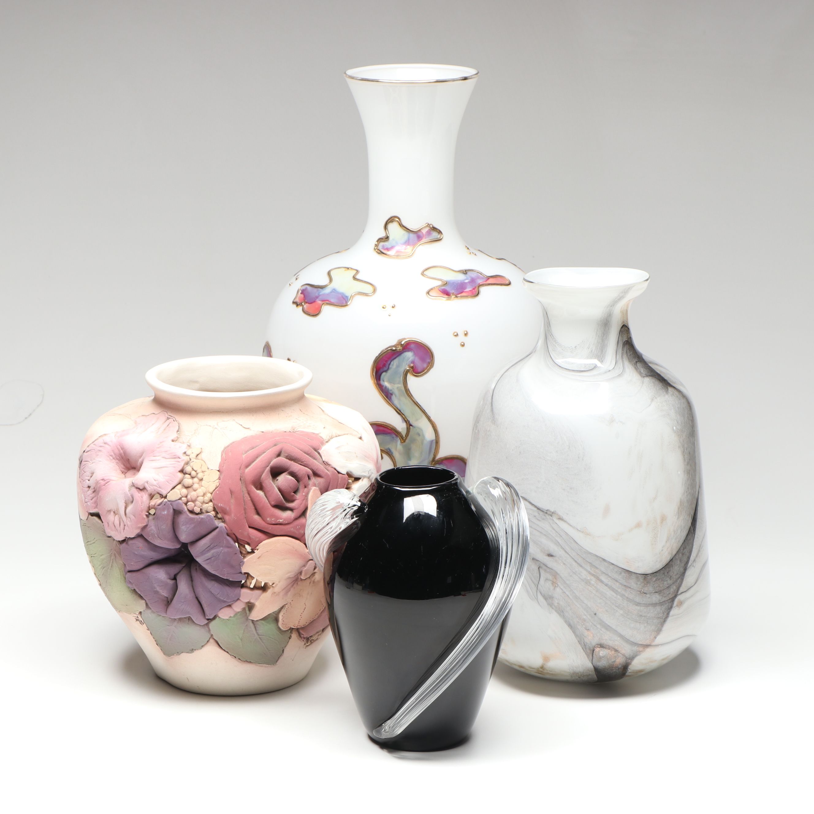 Two's Company Art Glass Vase, Polychrome Floral Ceramic Vase, and Other Vases