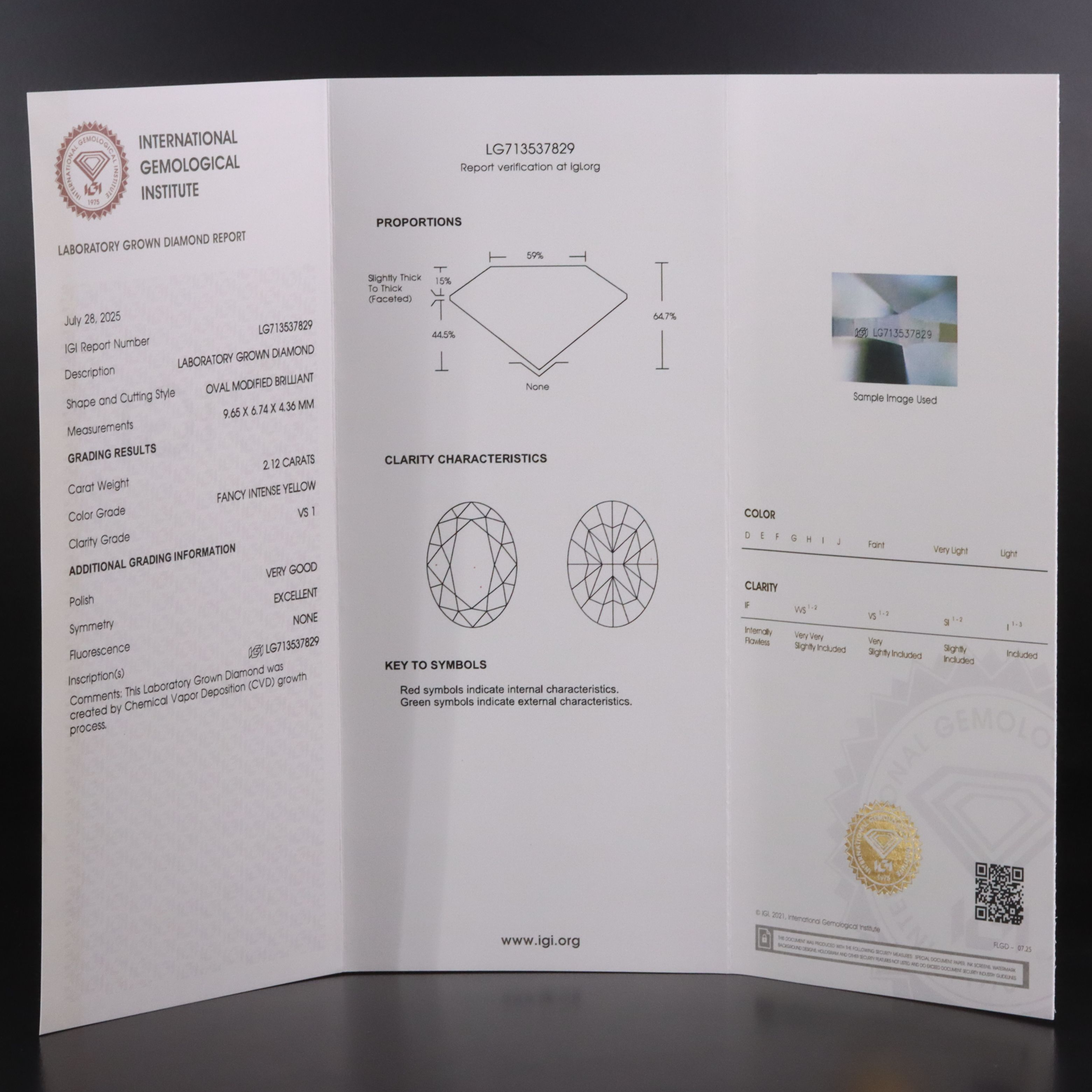 Loose 2.12 CT Lab Grown Fancy Yellow Diamond with IGI Report