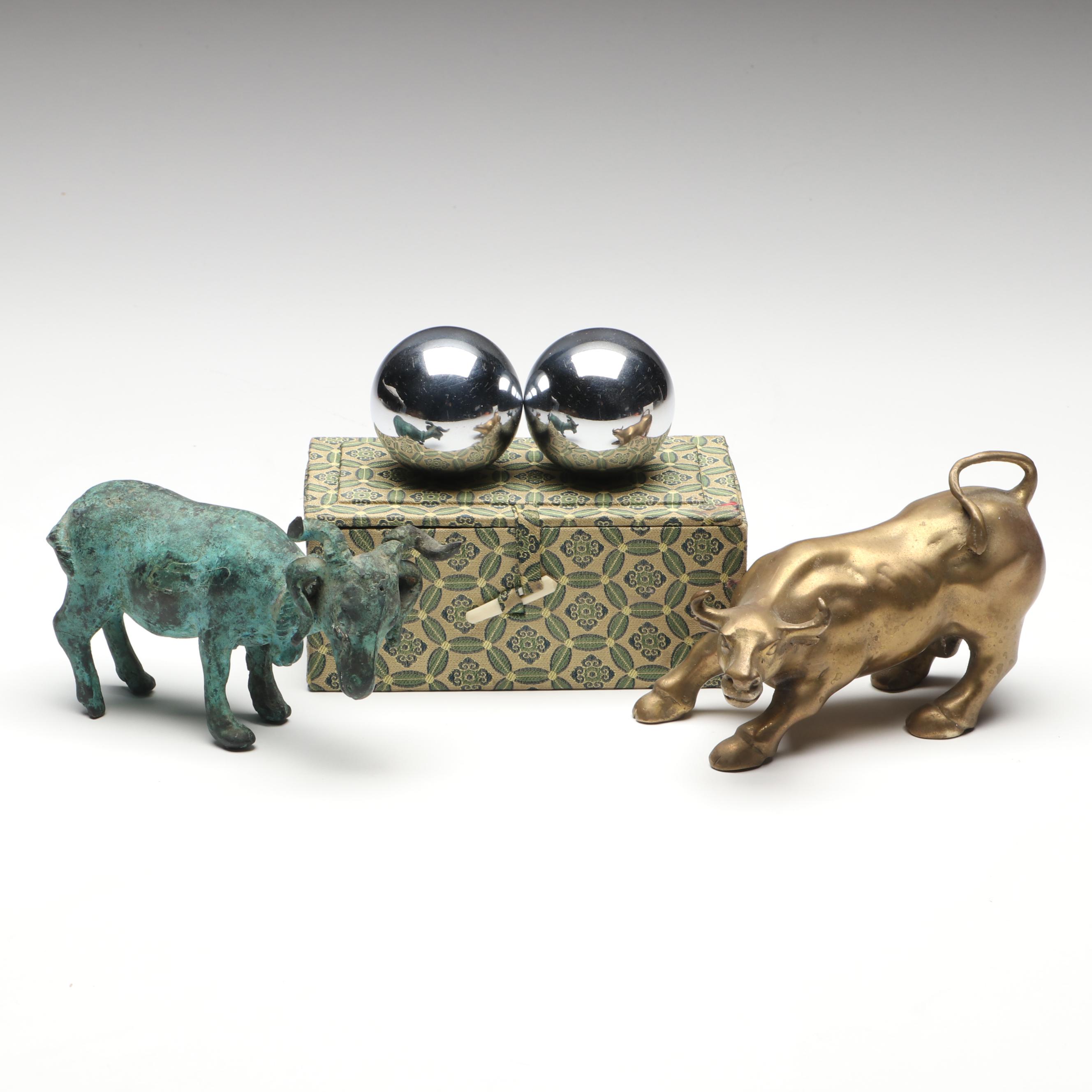 Chinese Bao-Ding Exercise Balls with Verdigris Ram and Brass Bull
