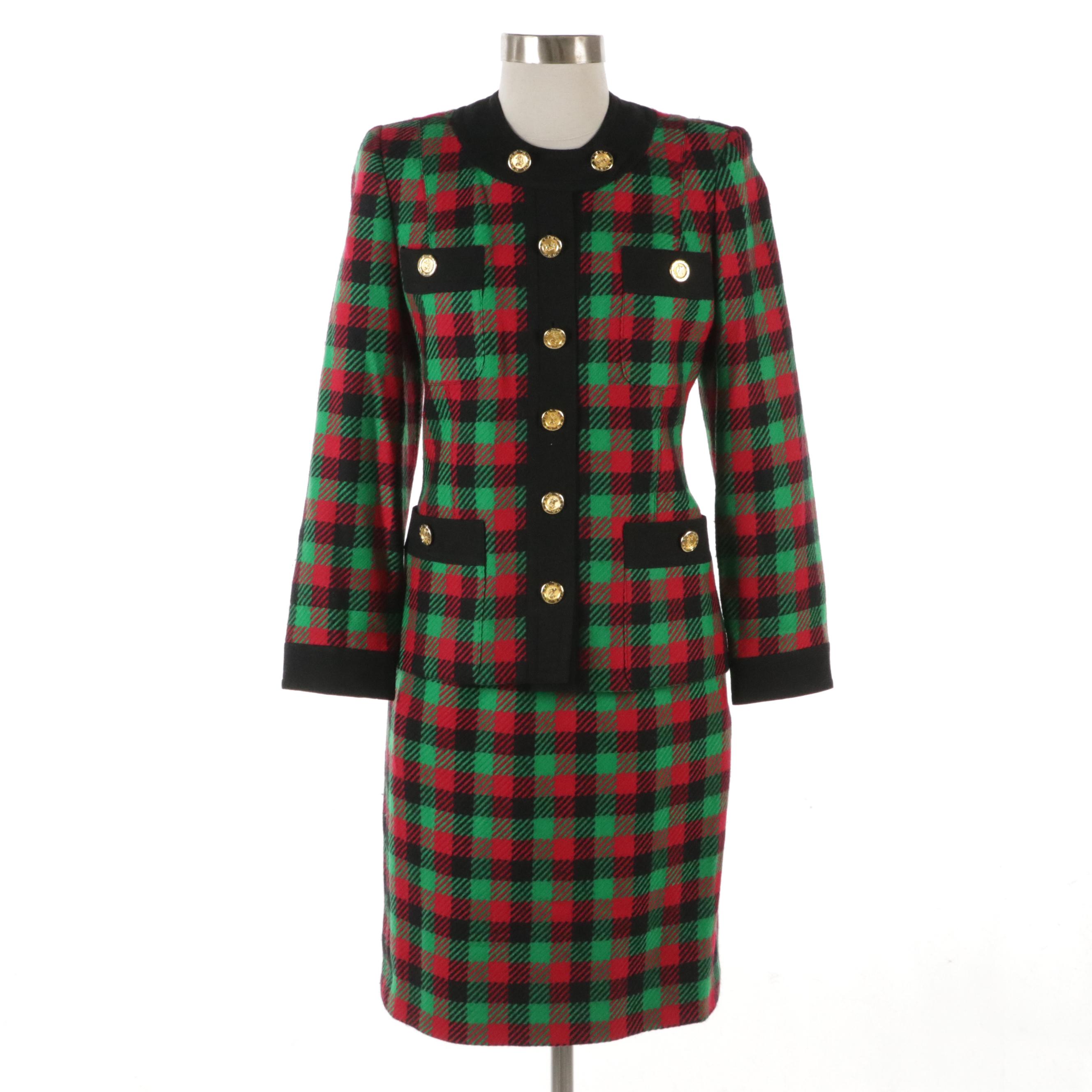 Celine Red and Green Plaid Wool Skirt Suit