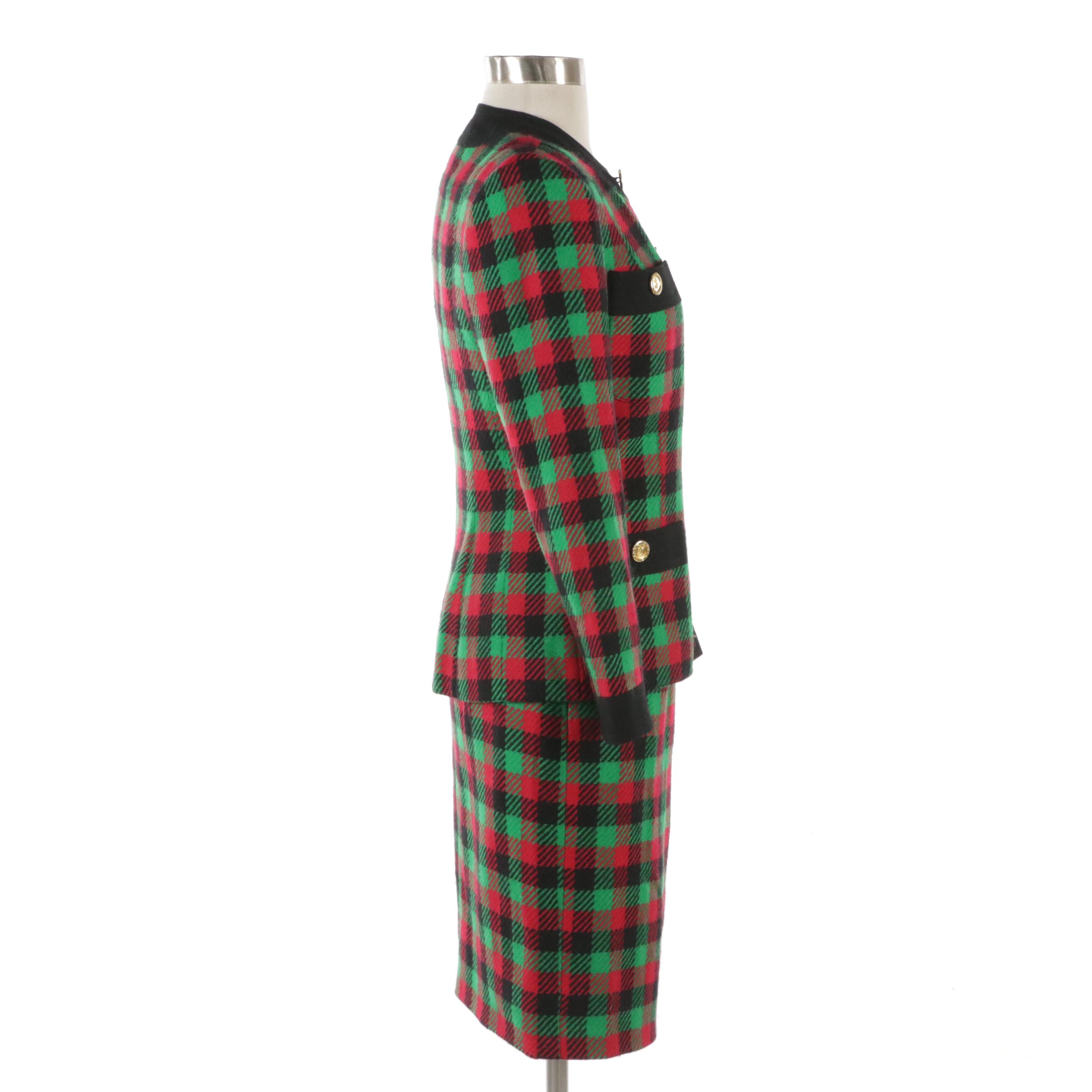 Celine Red and Green Plaid Wool Skirt Suit