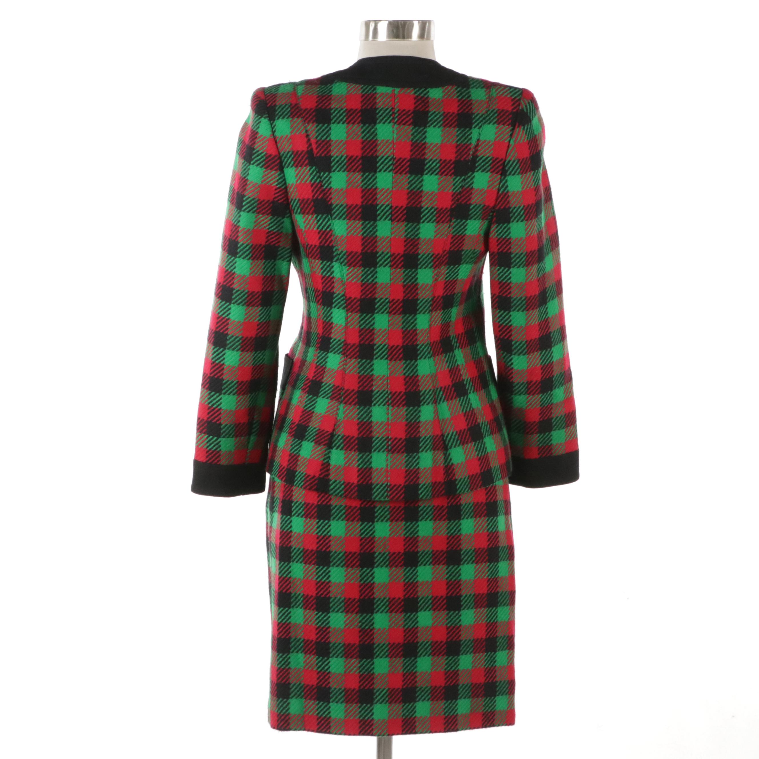 Celine Red and Green Plaid Wool Skirt Suit