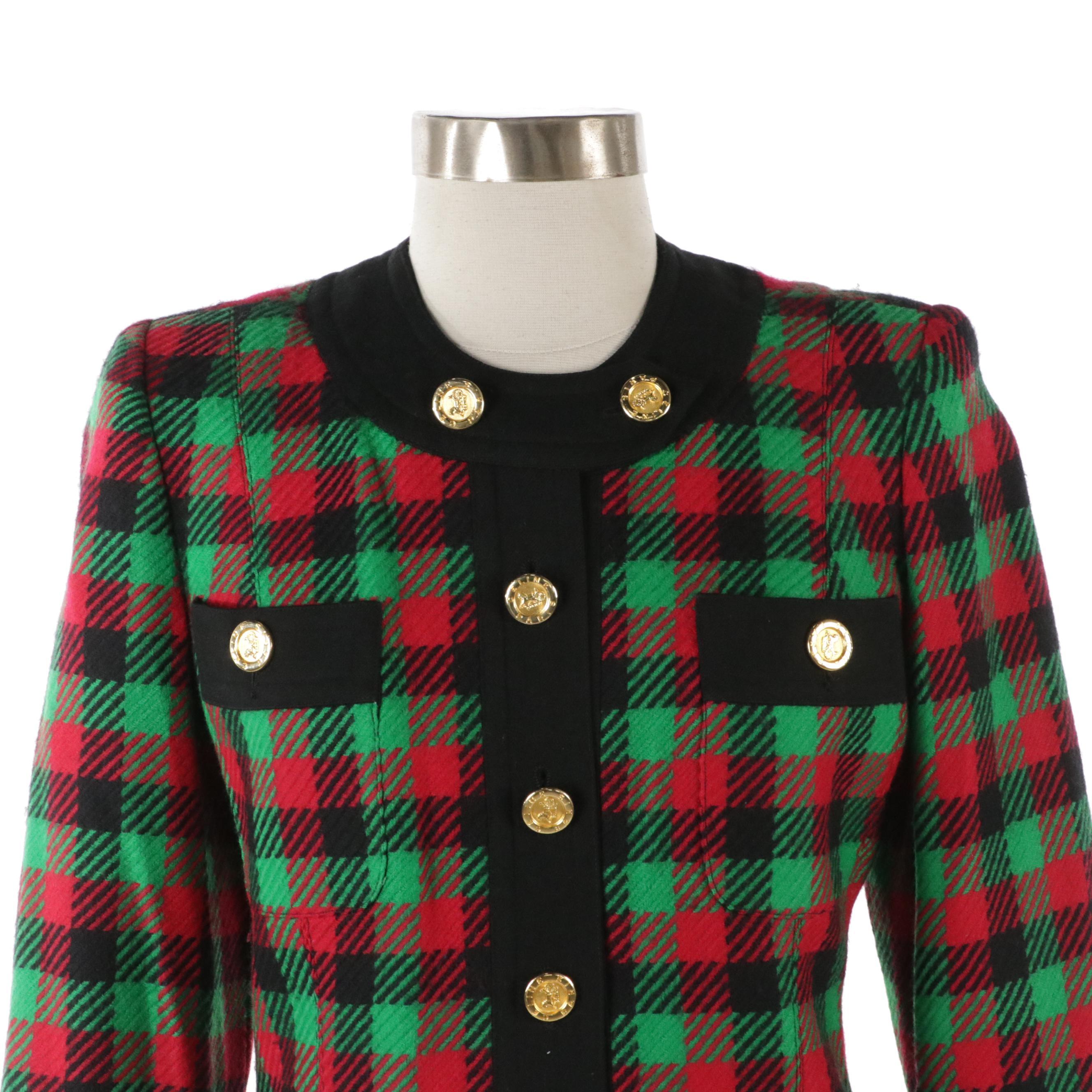 Celine Red and Green Plaid Wool Skirt Suit