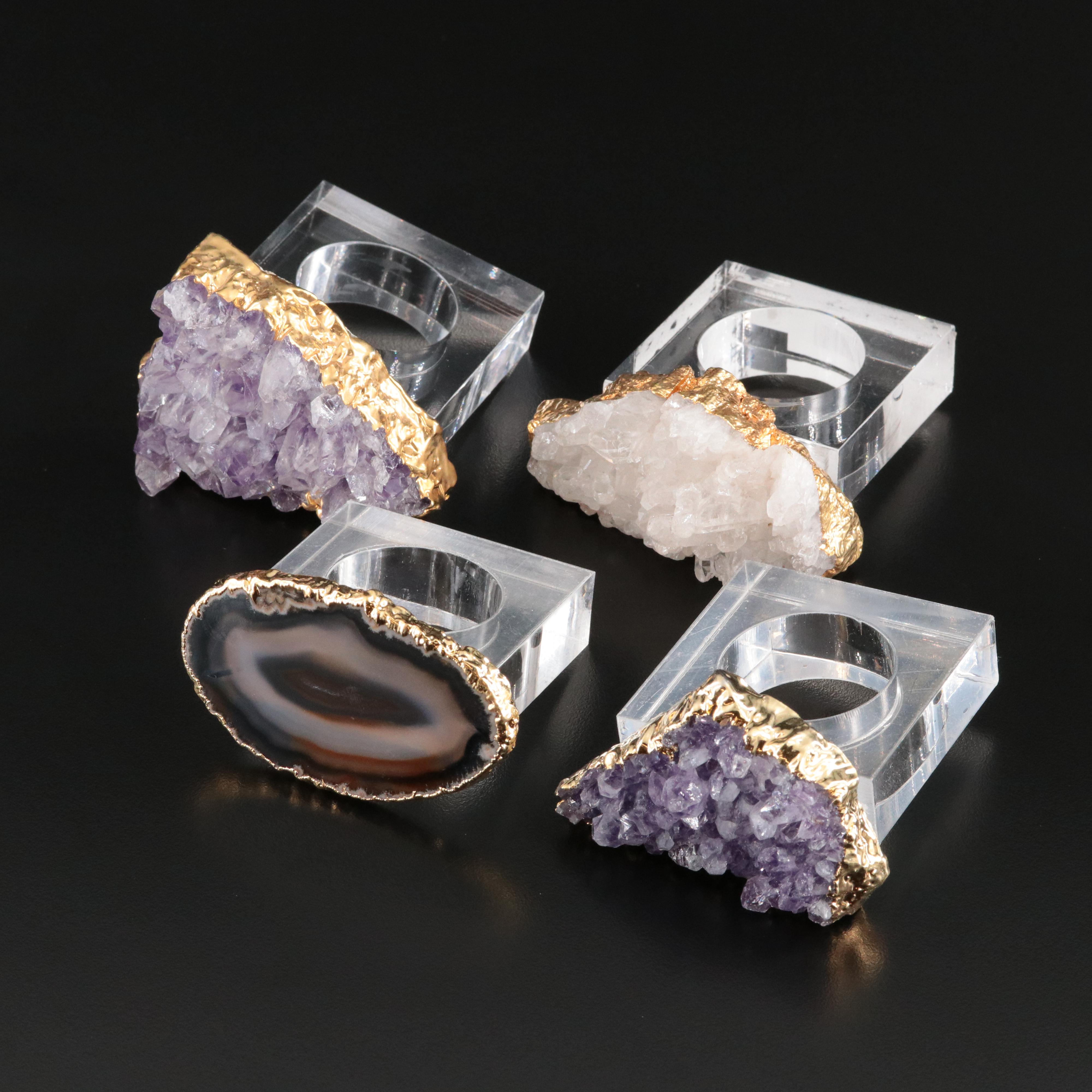 Amethyst, Agate and Rock Crystal Napkin Rings with Lucite