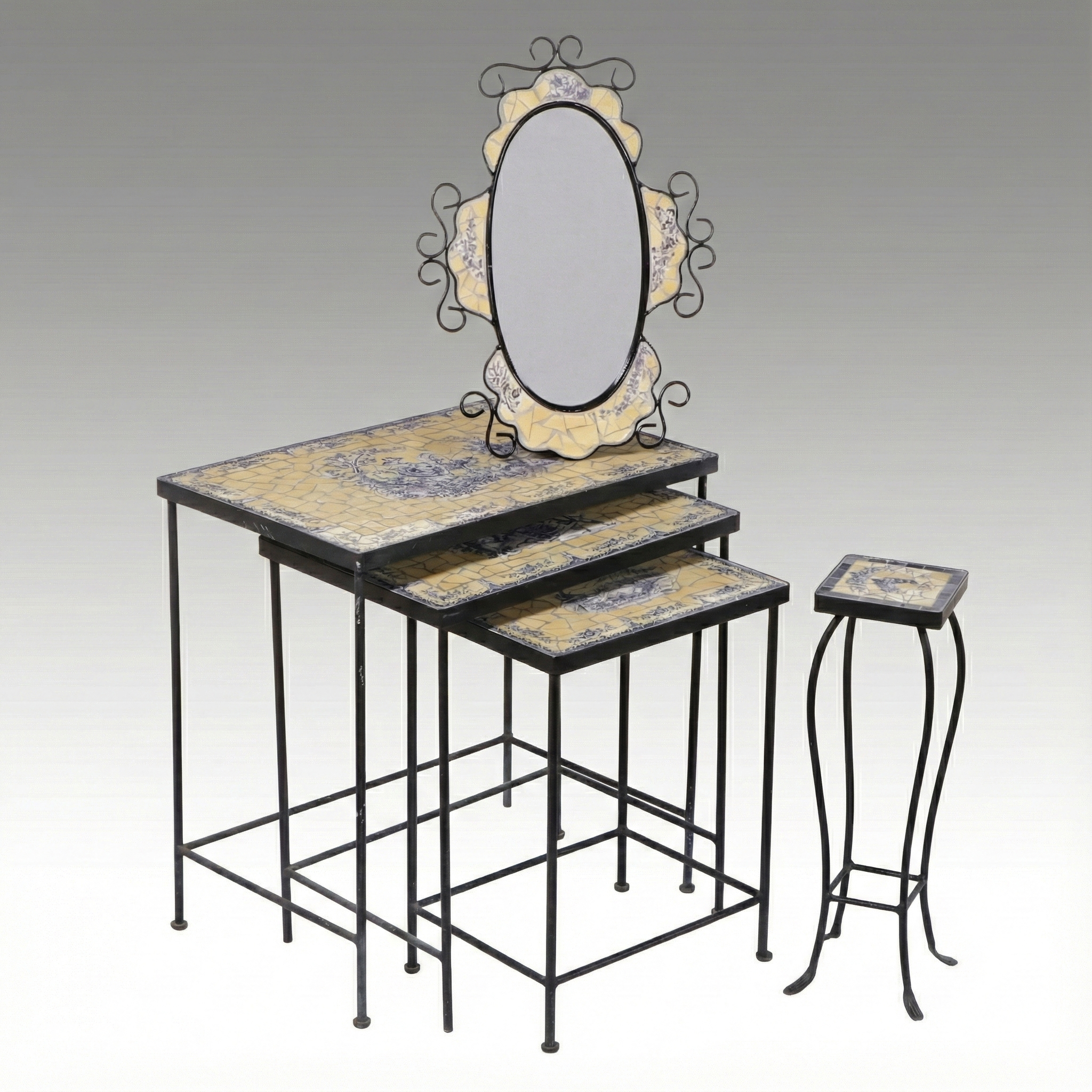 Mosaic and Wrought Iron Nesting Tables with Mirror and Accent Stand
