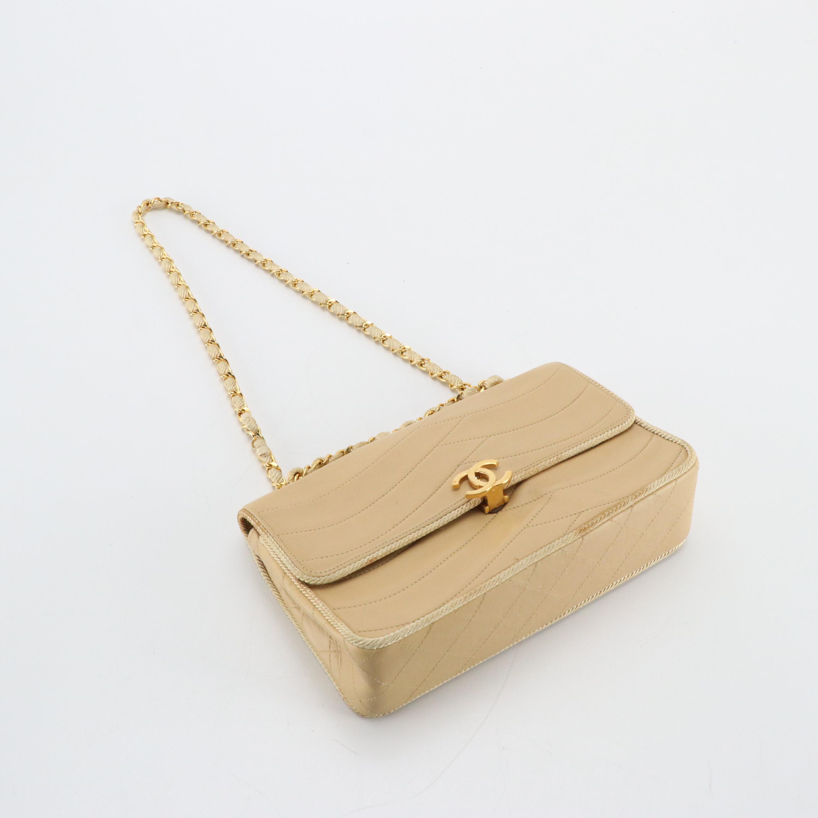 Chanel Single Flap Bag in Neutral Wave Quilted Lambskin Leather with Rope Trim
