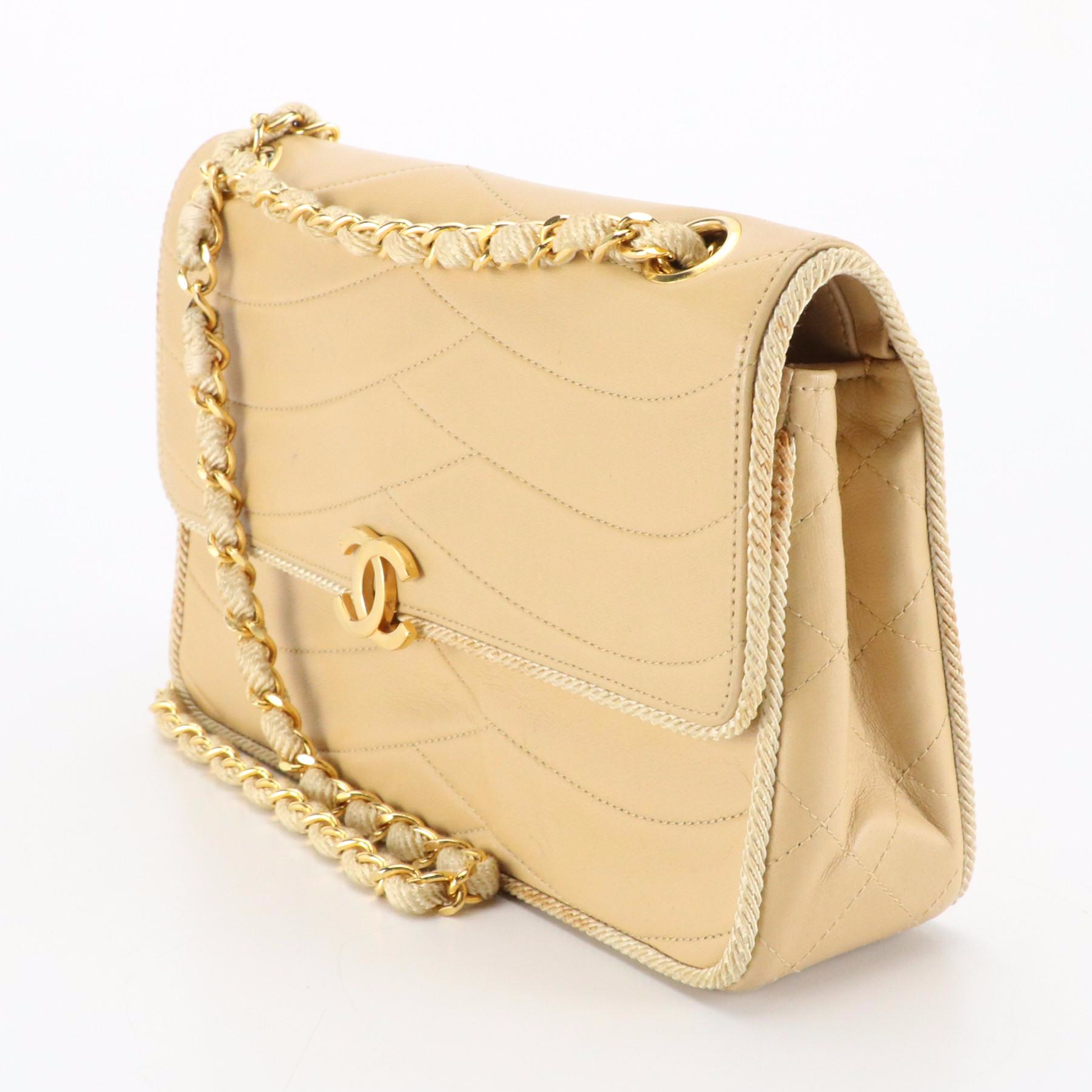 Chanel Single Flap Bag in Neutral Wave Quilted Lambskin Leather with Rope Trim