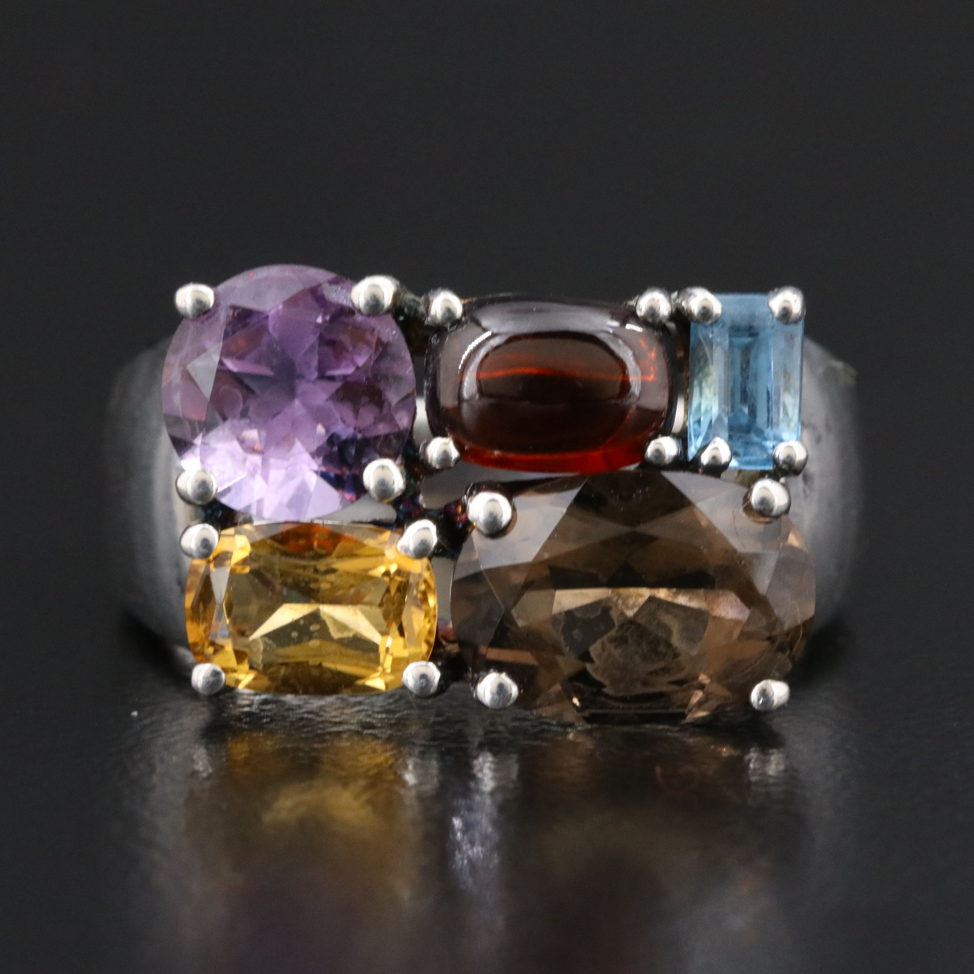 Sterling Gemstone Ring Featuring Amethyst, Smoky Quartz and Garnet