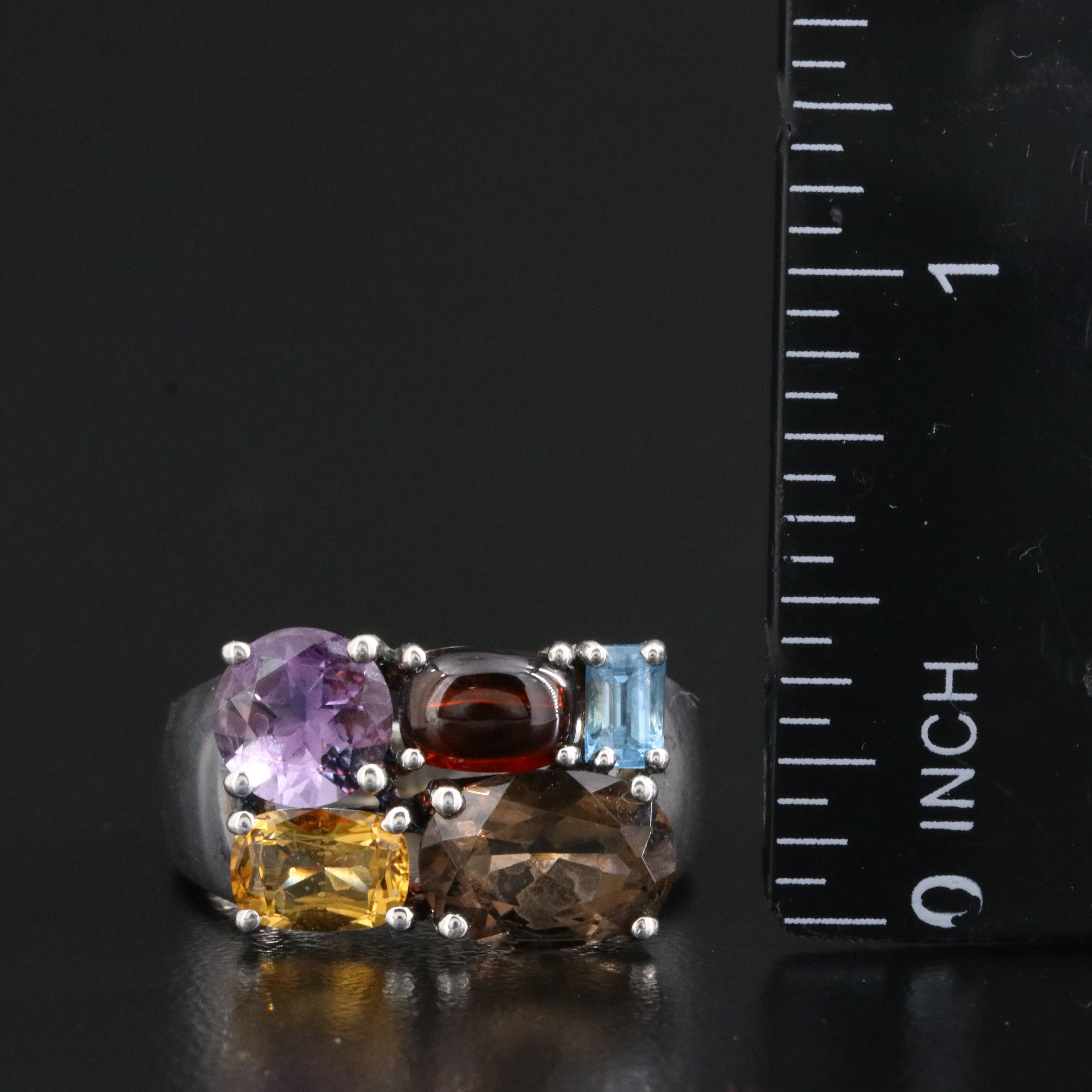 Sterling Gemstone Ring Featuring Amethyst, Smoky Quartz and Garnet