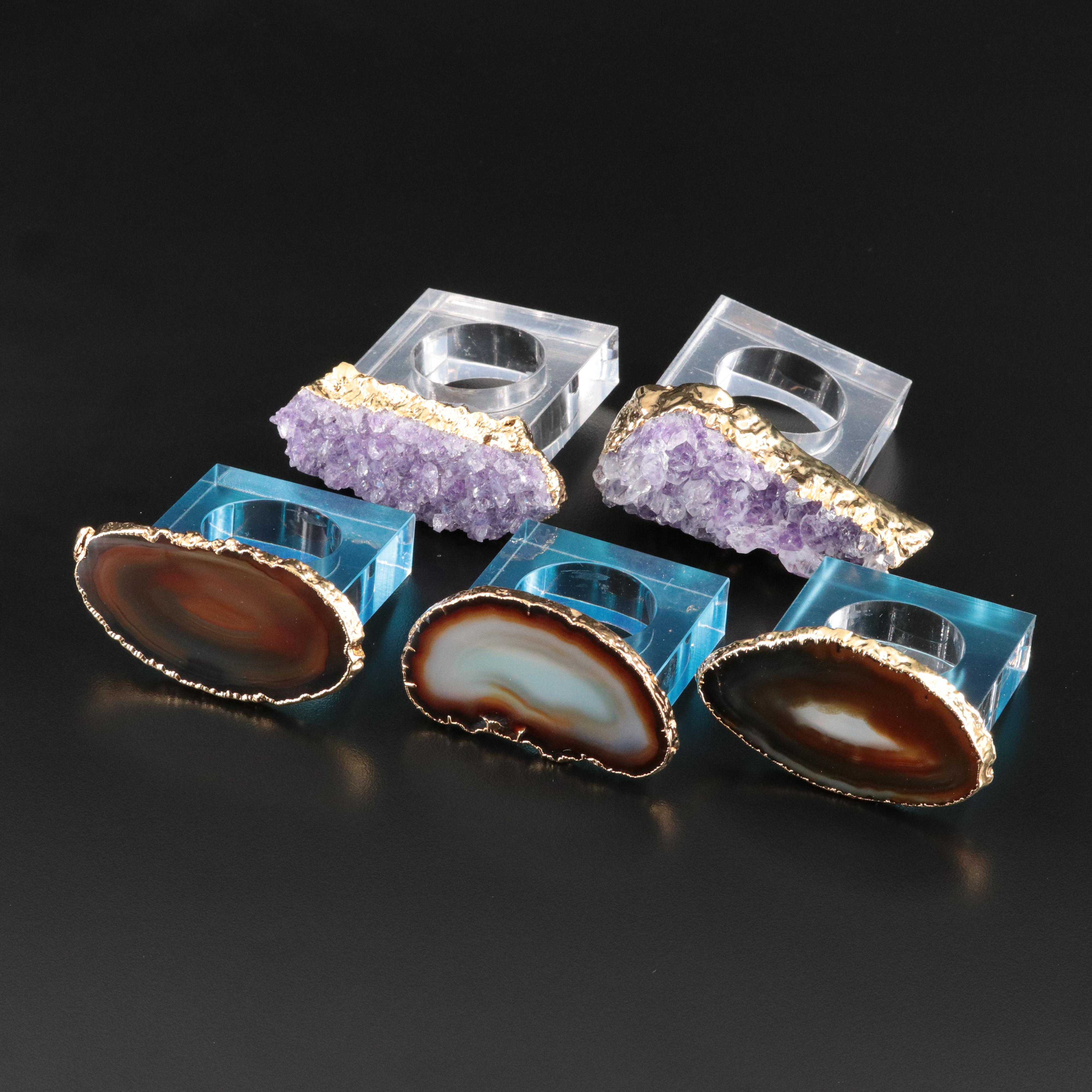 Amethyst, Agate and Lucite Napkin Rings