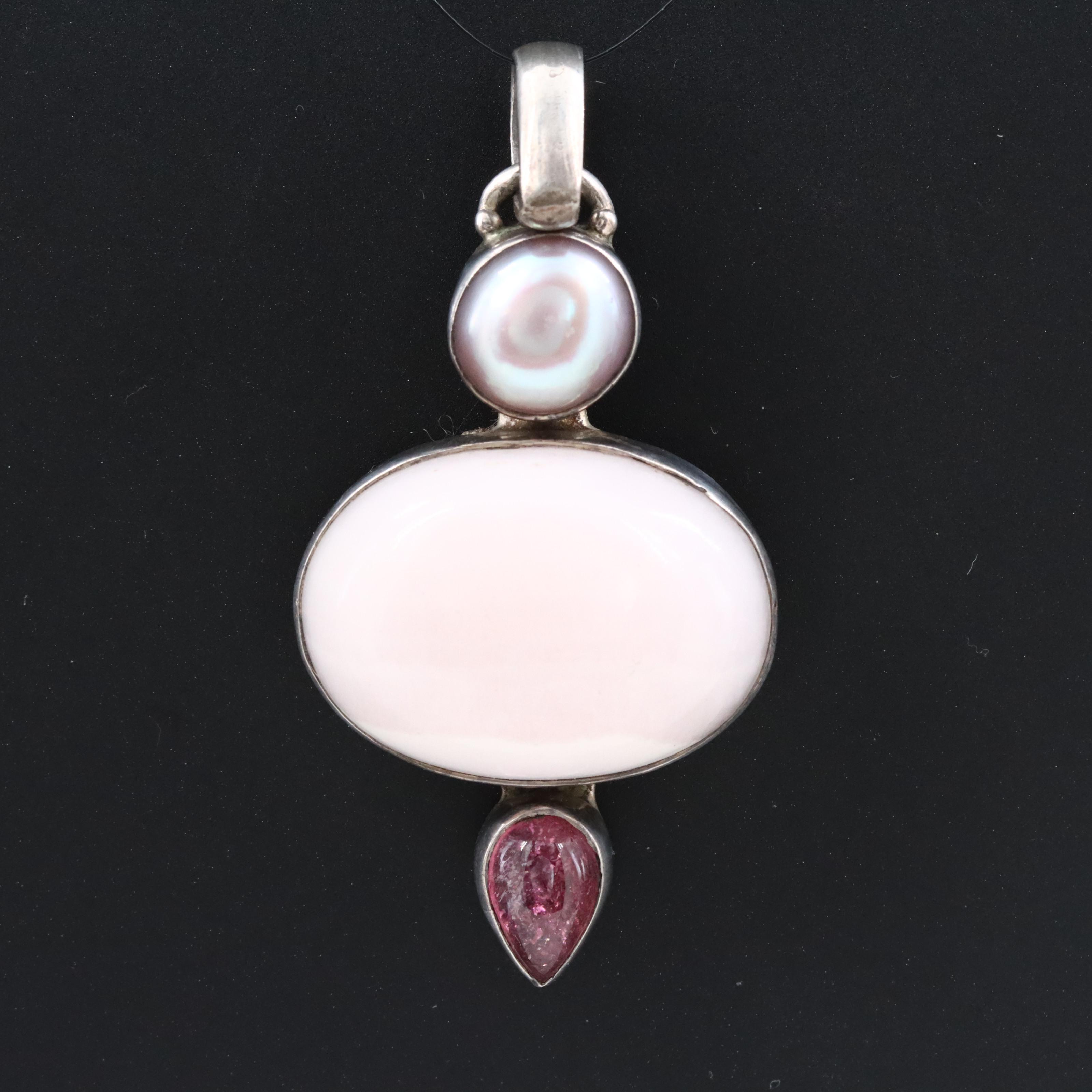 Sterling Calcite, Pearl and Tourmaline Pendant