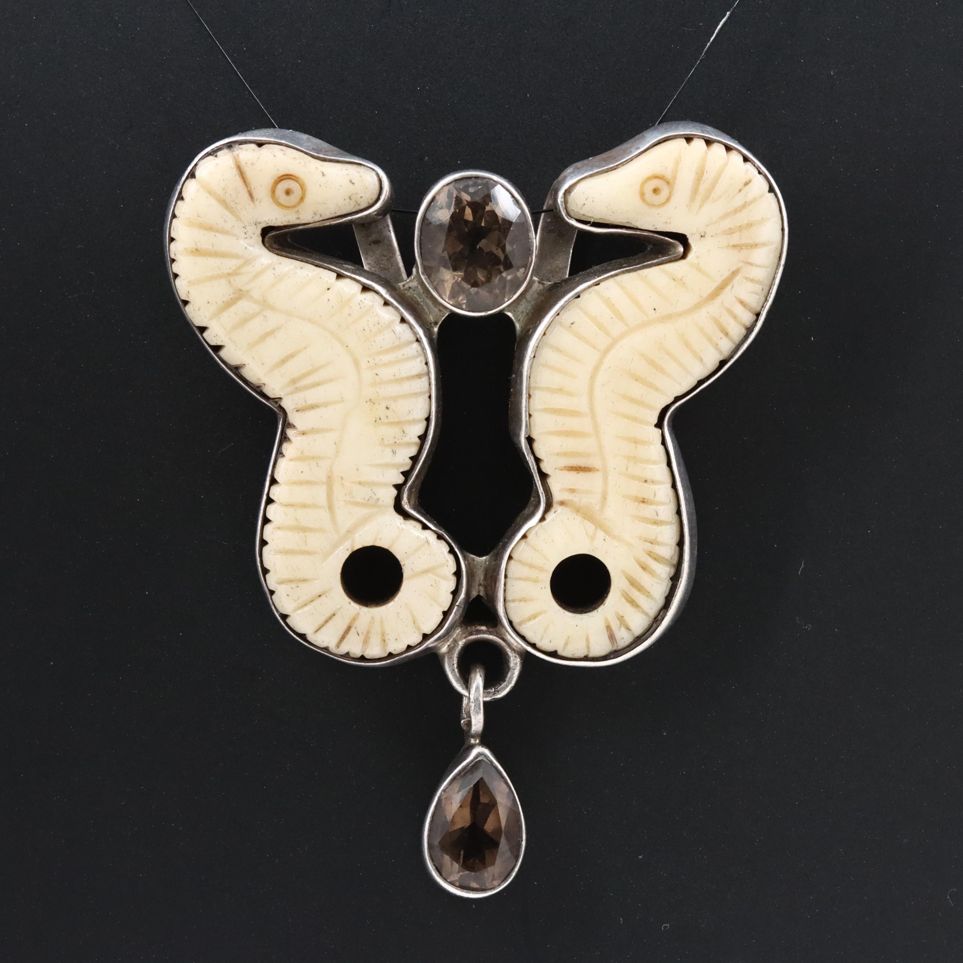 Sterling Bone and Smoky Quartz Seahorse Pendant