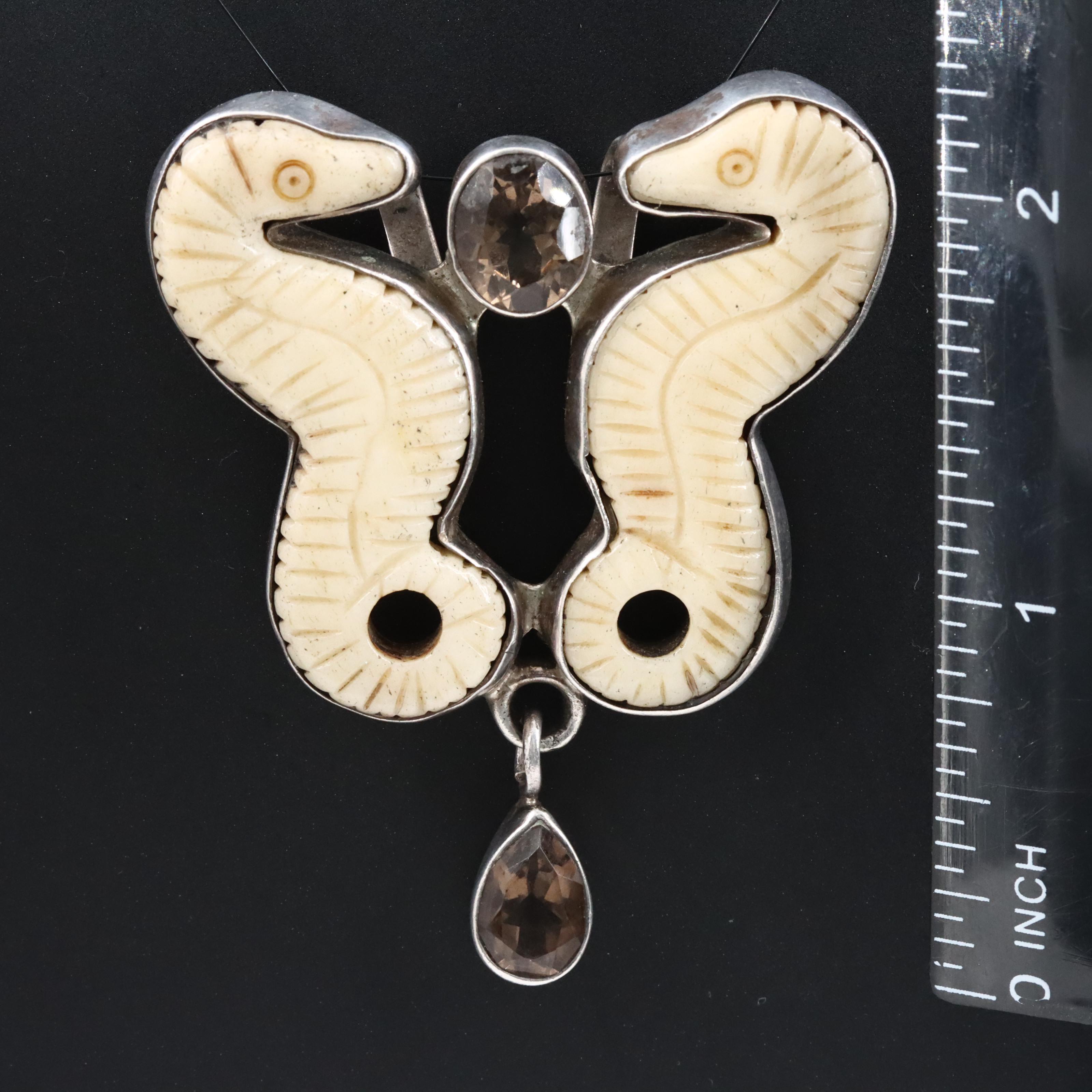 Sterling Bone and Smoky Quartz Seahorse Pendant