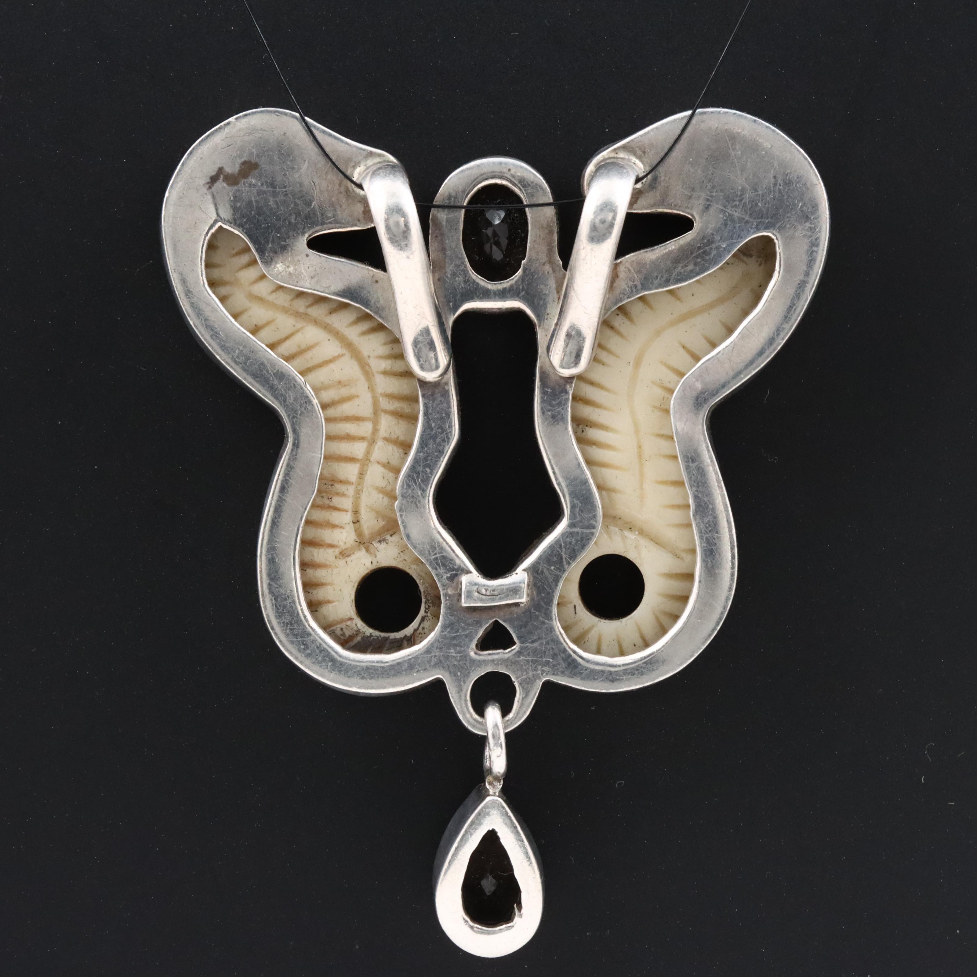 Sterling Bone and Smoky Quartz Seahorse Pendant