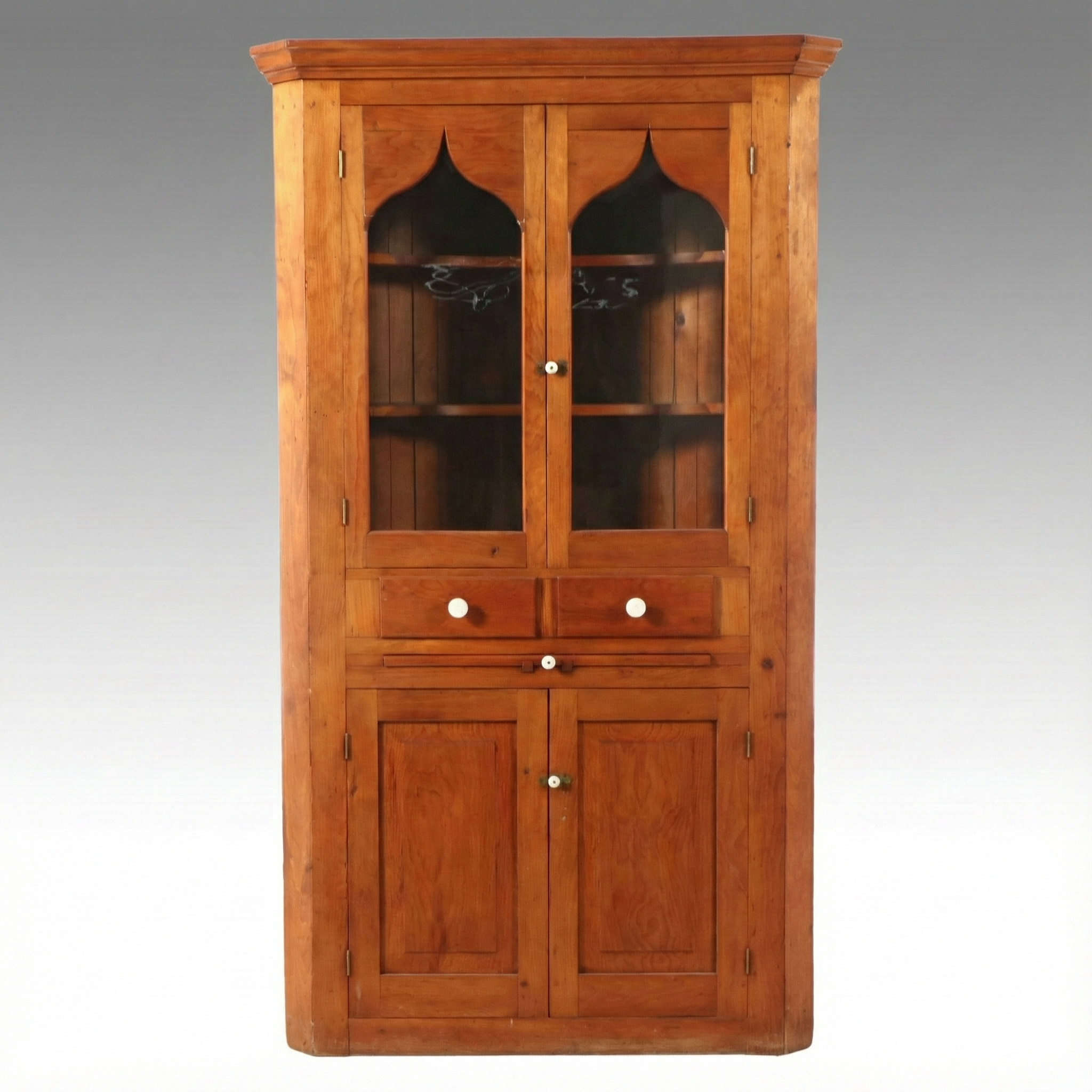 American Primitive Old Growth Poplar Corner Cabinet, Mid-19th Century