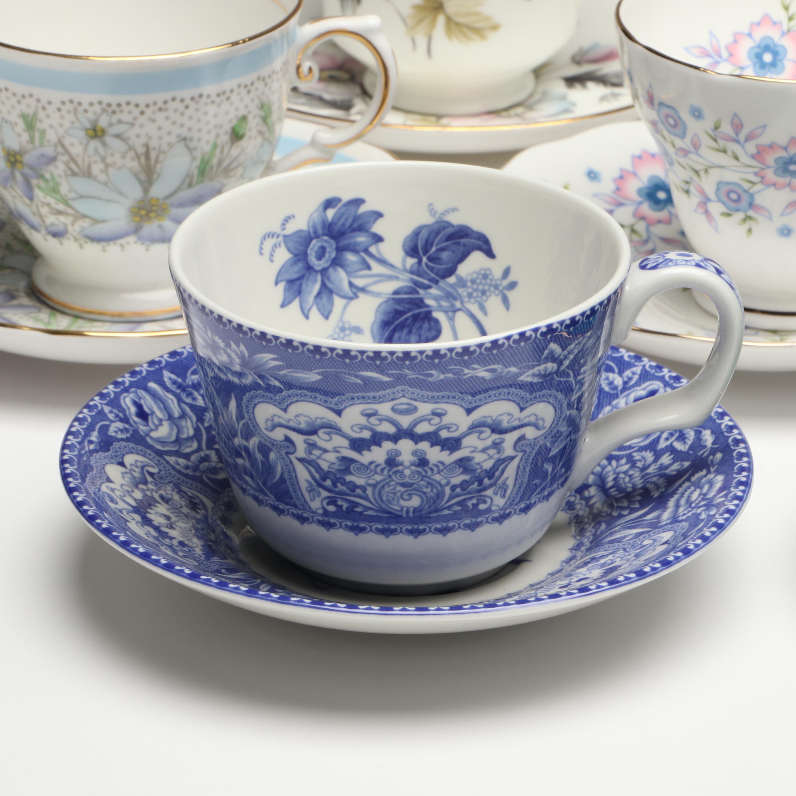 Spode Blue Room Collection with Other Teacups and Saucers