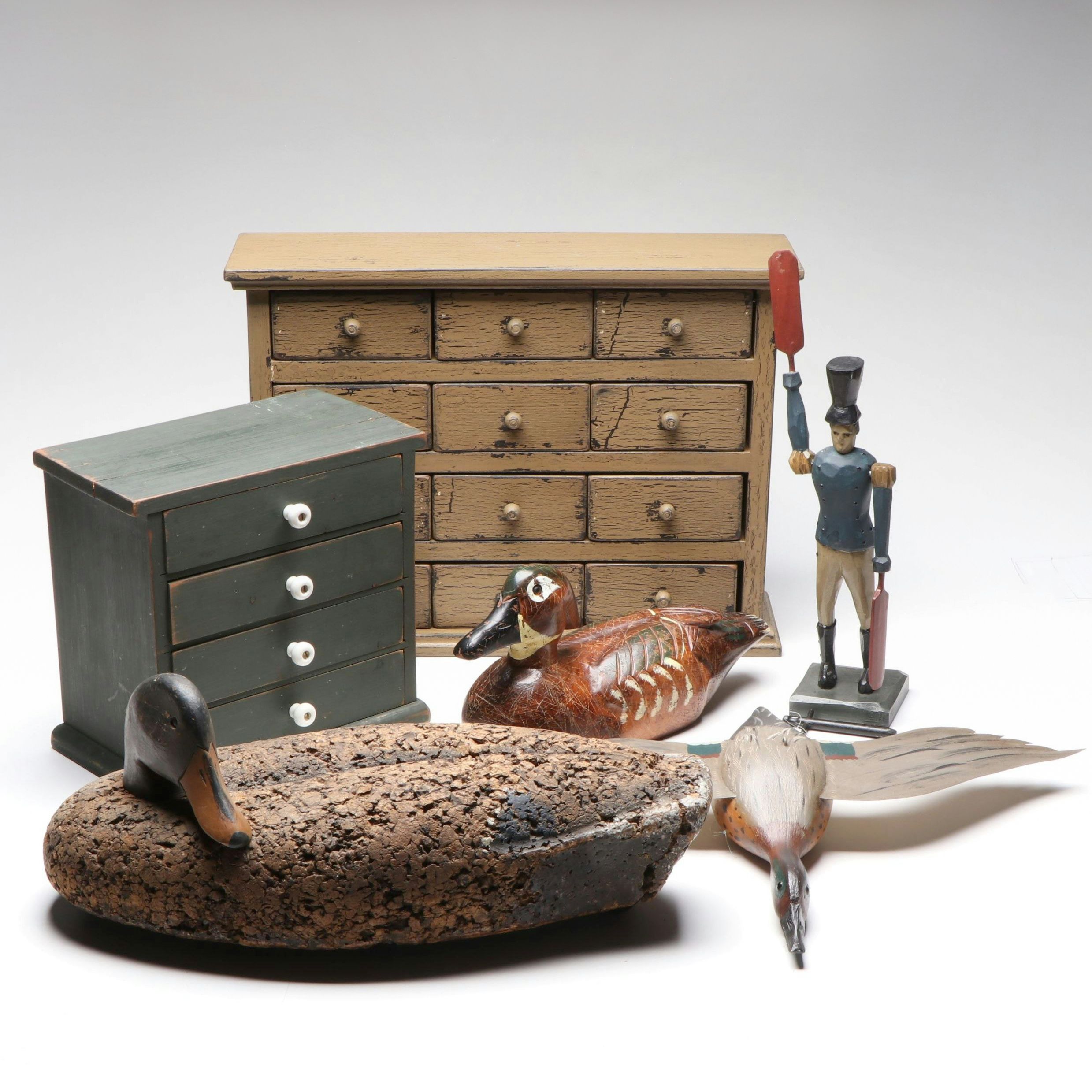 Larry Koosed Hand-Carved Folk Art with Primitive Style Cabinets and Other Décor