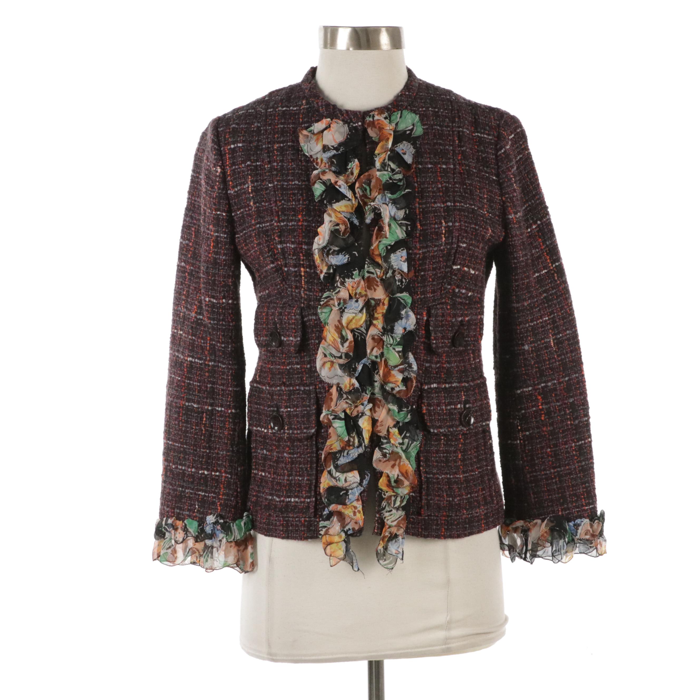 Dolce & Gabbana Wool Tweed and Floral Silk Blend Ruffled Trim Jacket