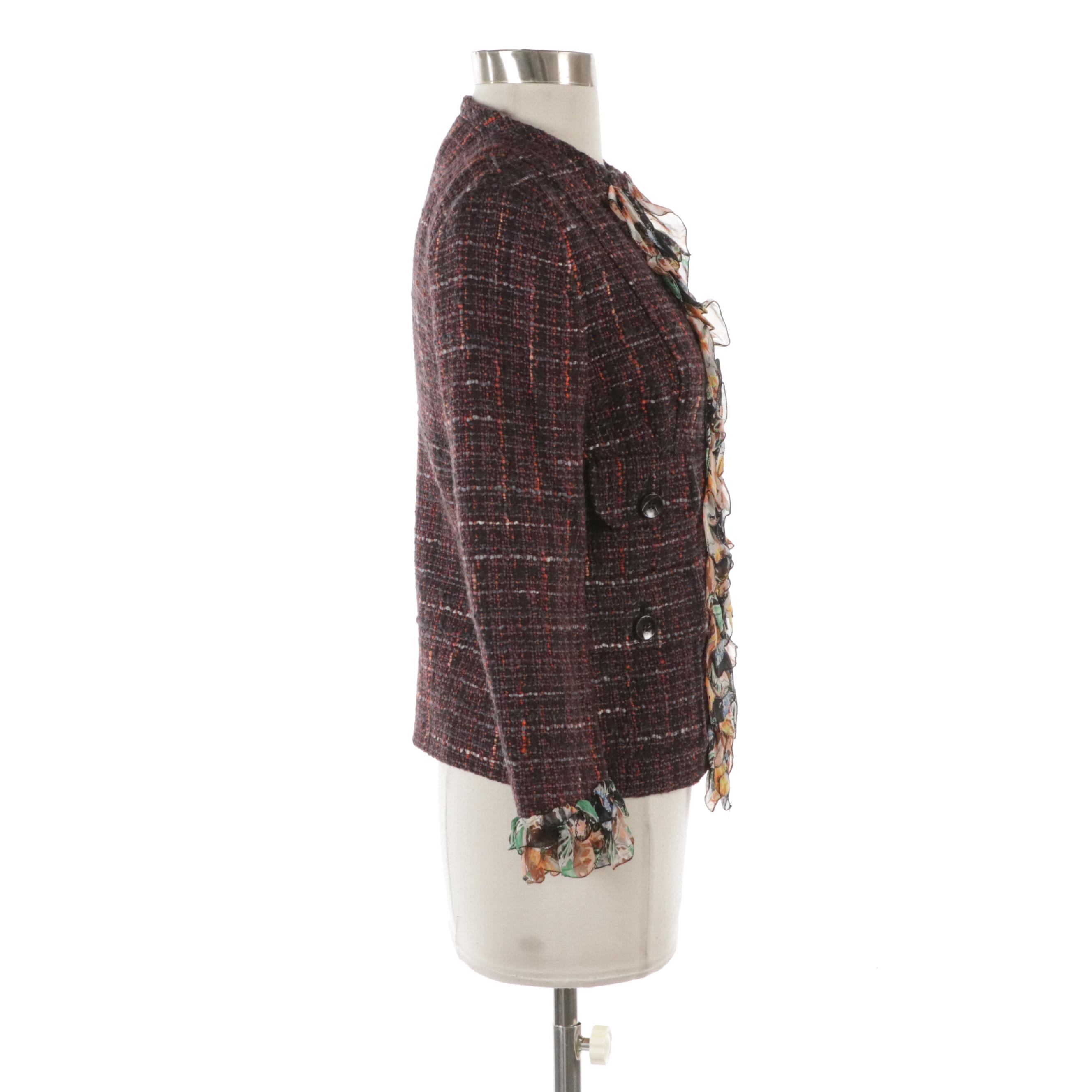 Dolce & Gabbana Wool Tweed and Floral Silk Blend Ruffled Trim Jacket