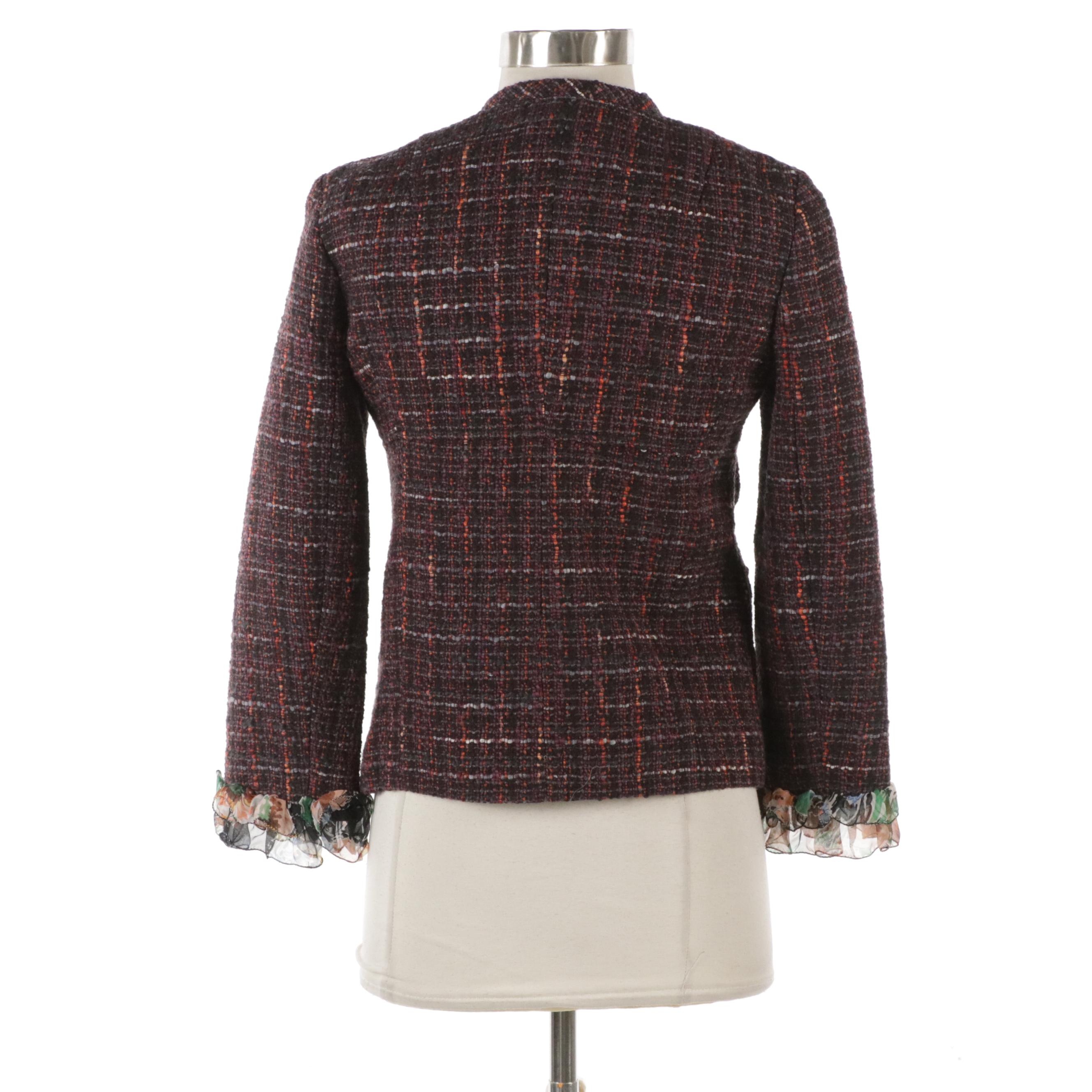 Dolce & Gabbana Wool Tweed and Floral Silk Blend Ruffled Trim Jacket